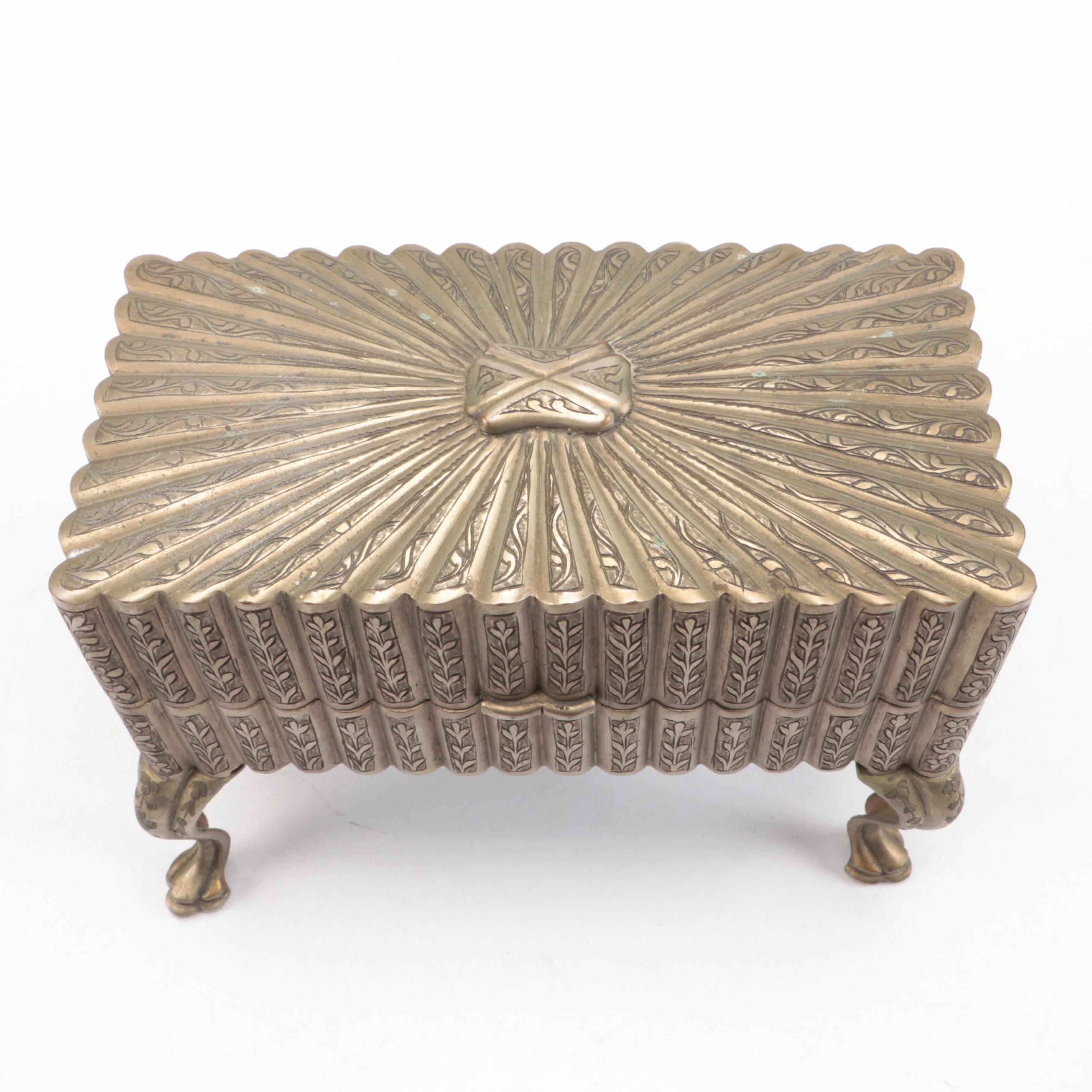 Etched Footed Metal Music Box, Mid-20th Century