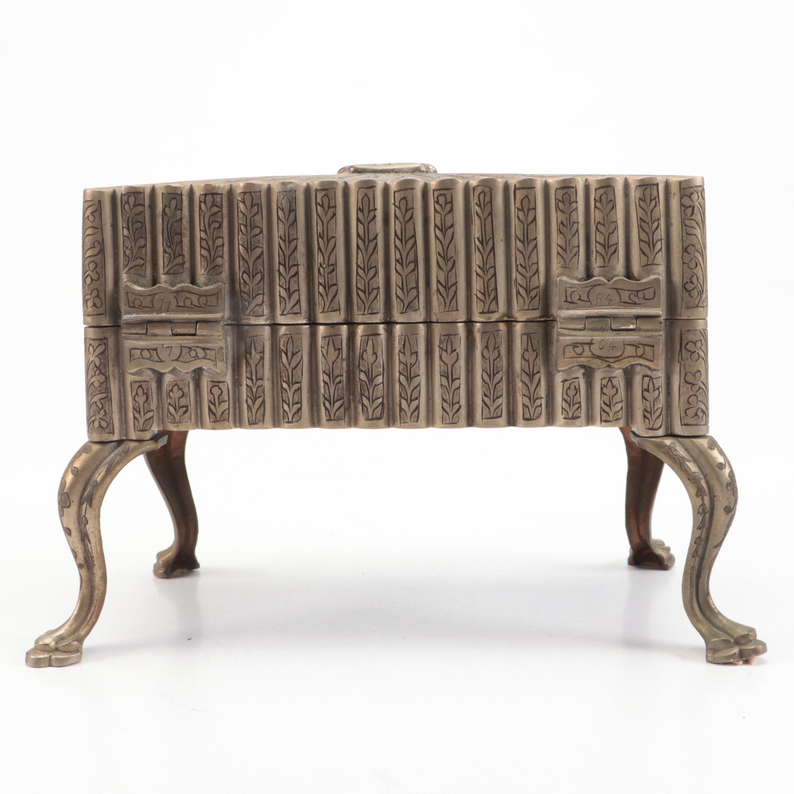 Etched Footed Metal Music Box, Mid-20th Century