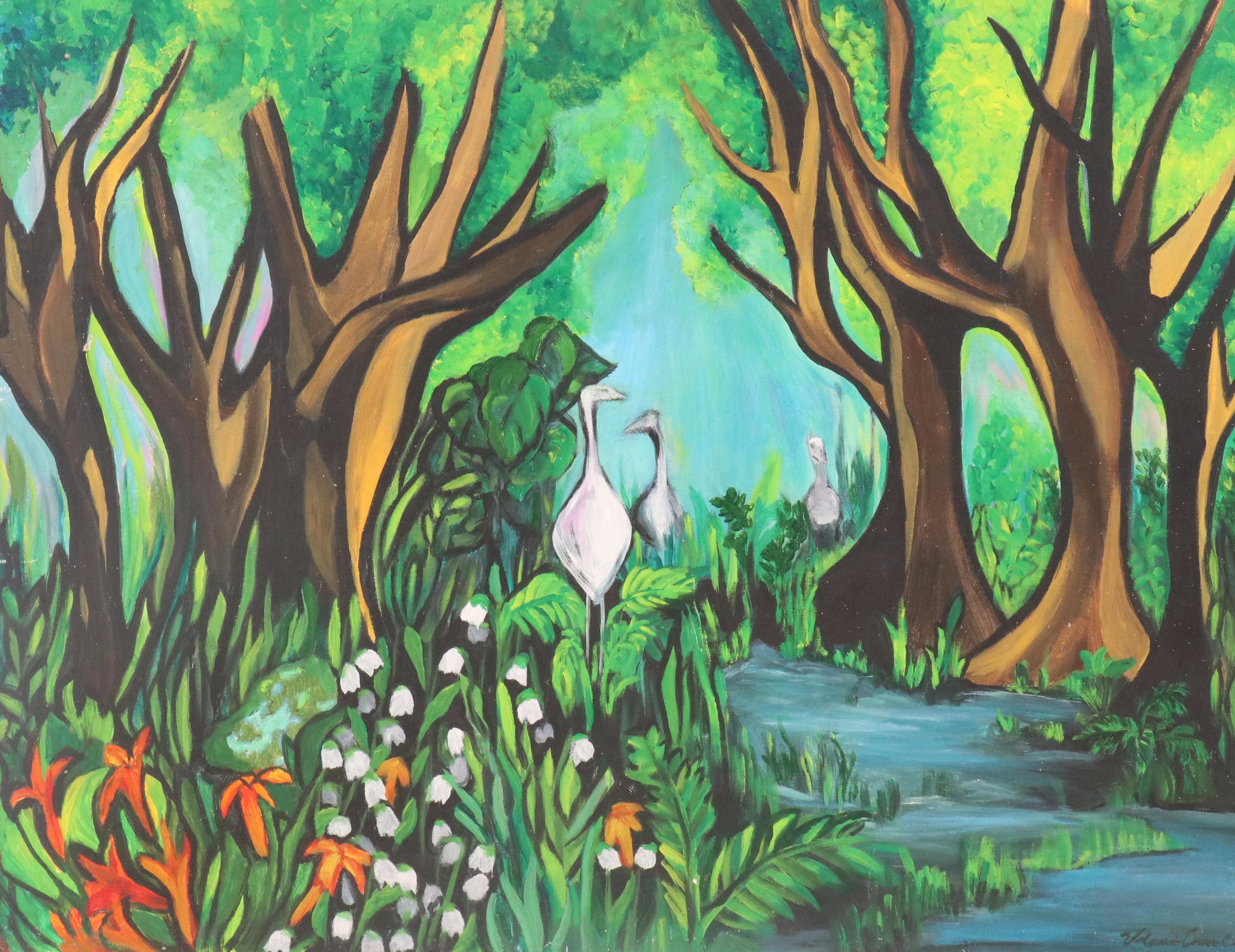 Scenic Acrylic Painting with Waterfowl, Late 20th / 21st Century