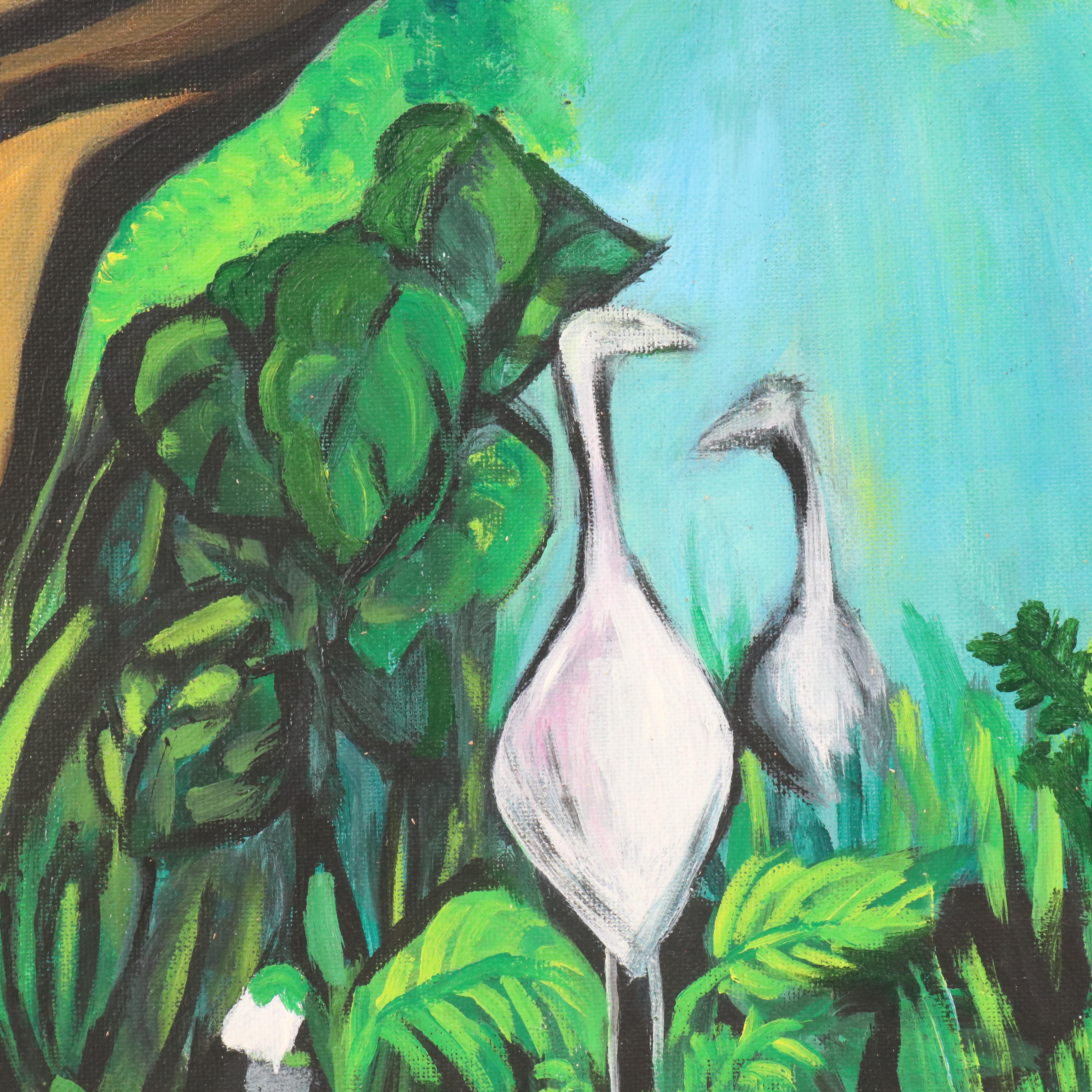 Scenic Acrylic Painting with Waterfowl, Late 20th / 21st Century