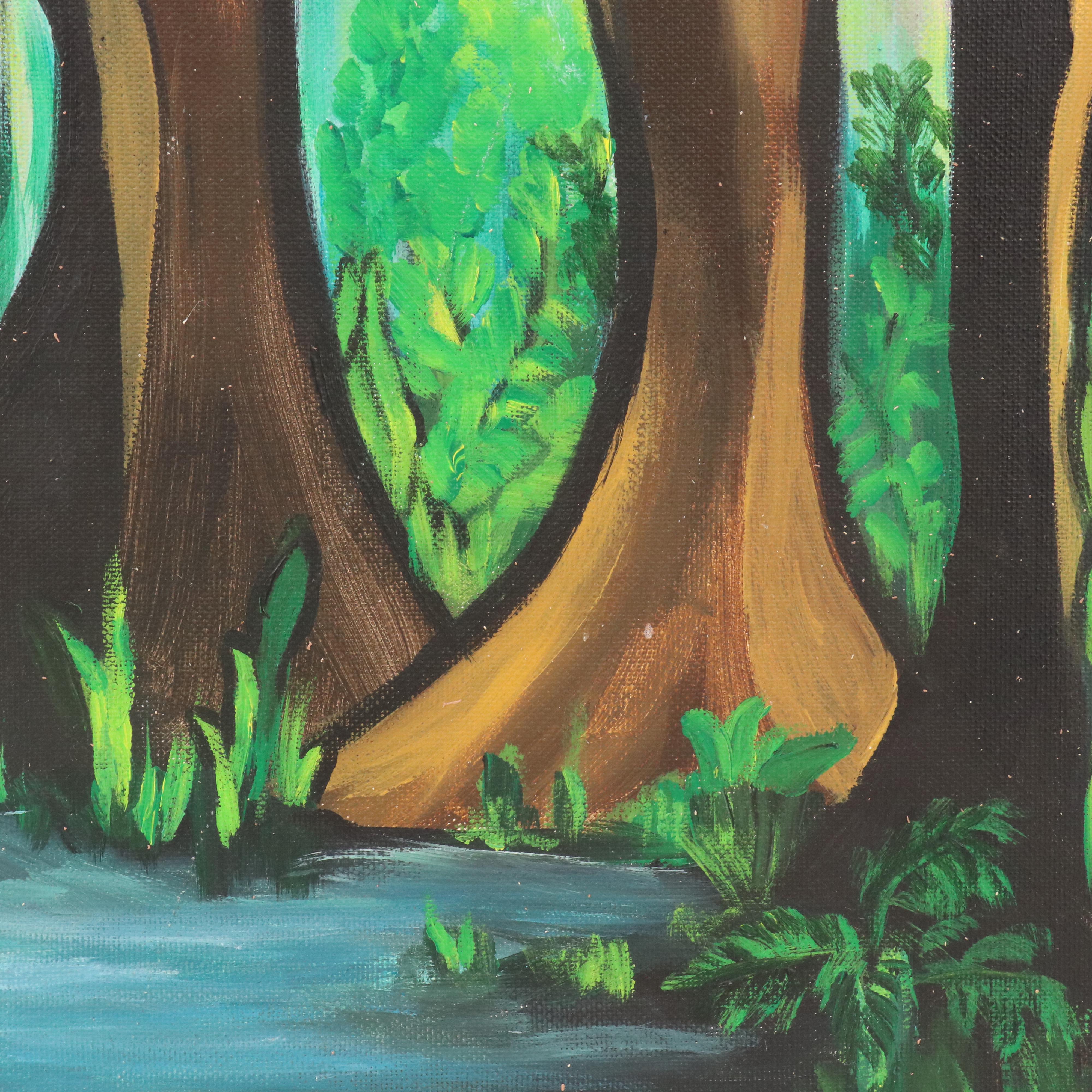 Scenic Acrylic Painting with Waterfowl, Late 20th / 21st Century