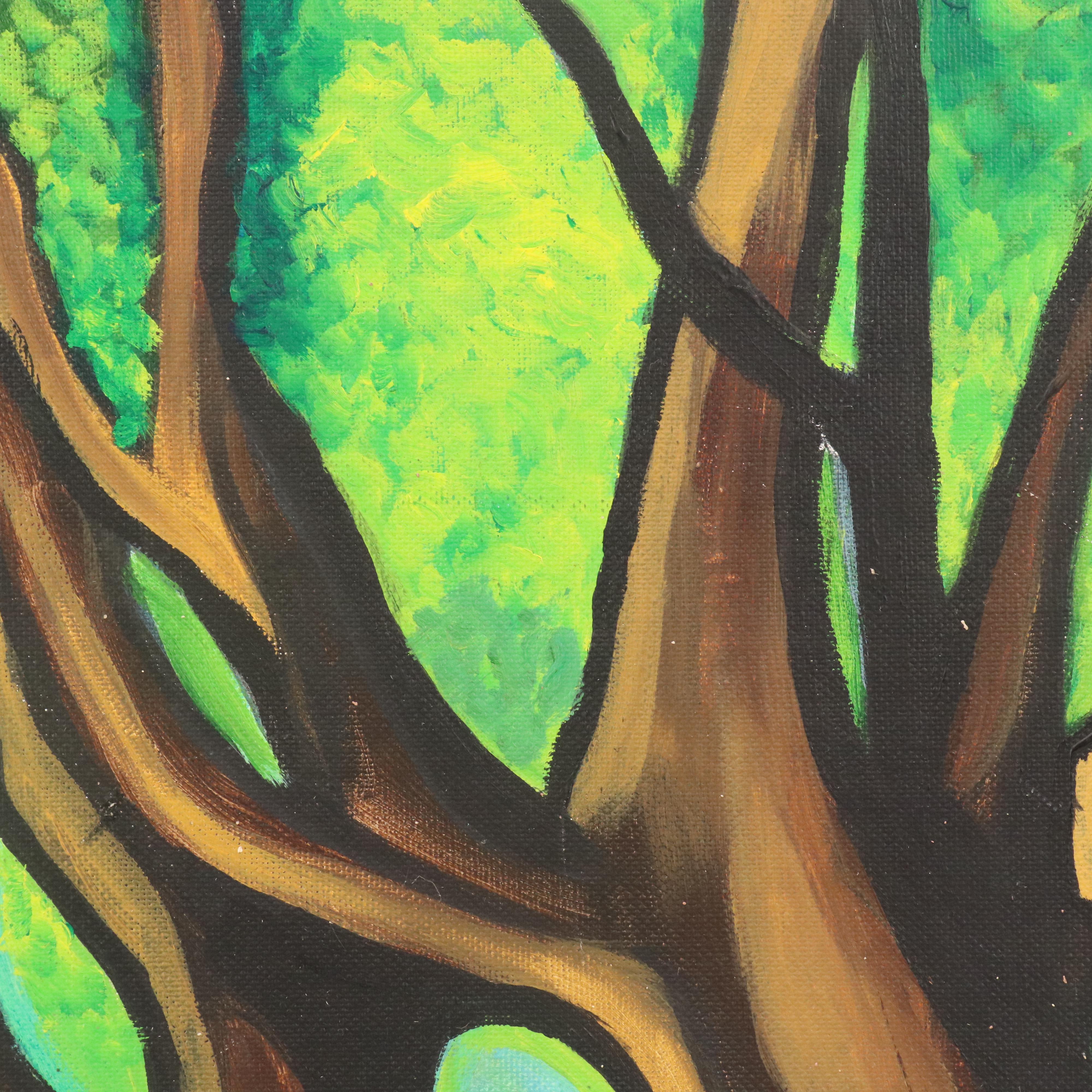 Scenic Acrylic Painting with Waterfowl, Late 20th / 21st Century