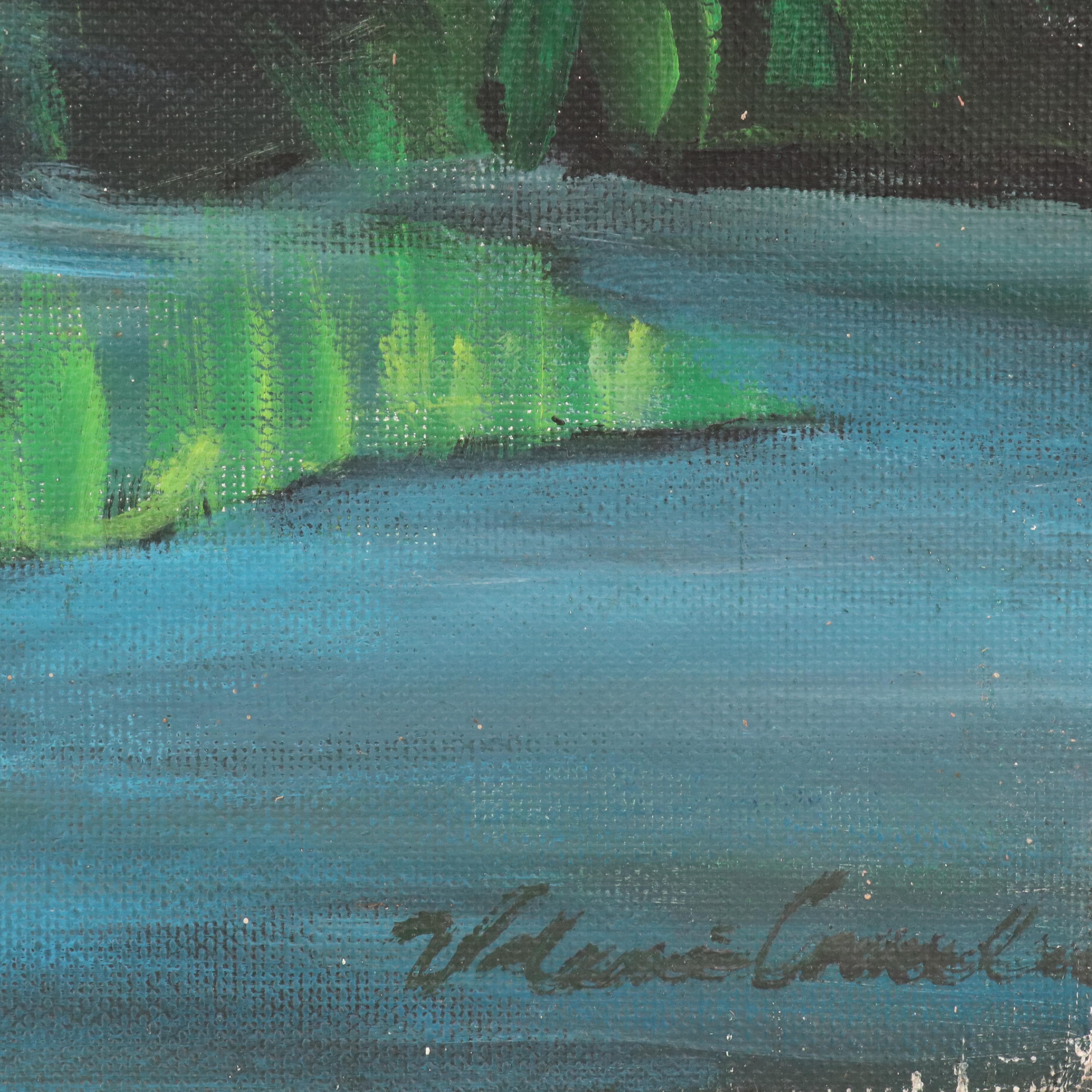 Scenic Acrylic Painting with Waterfowl, Late 20th / 21st Century