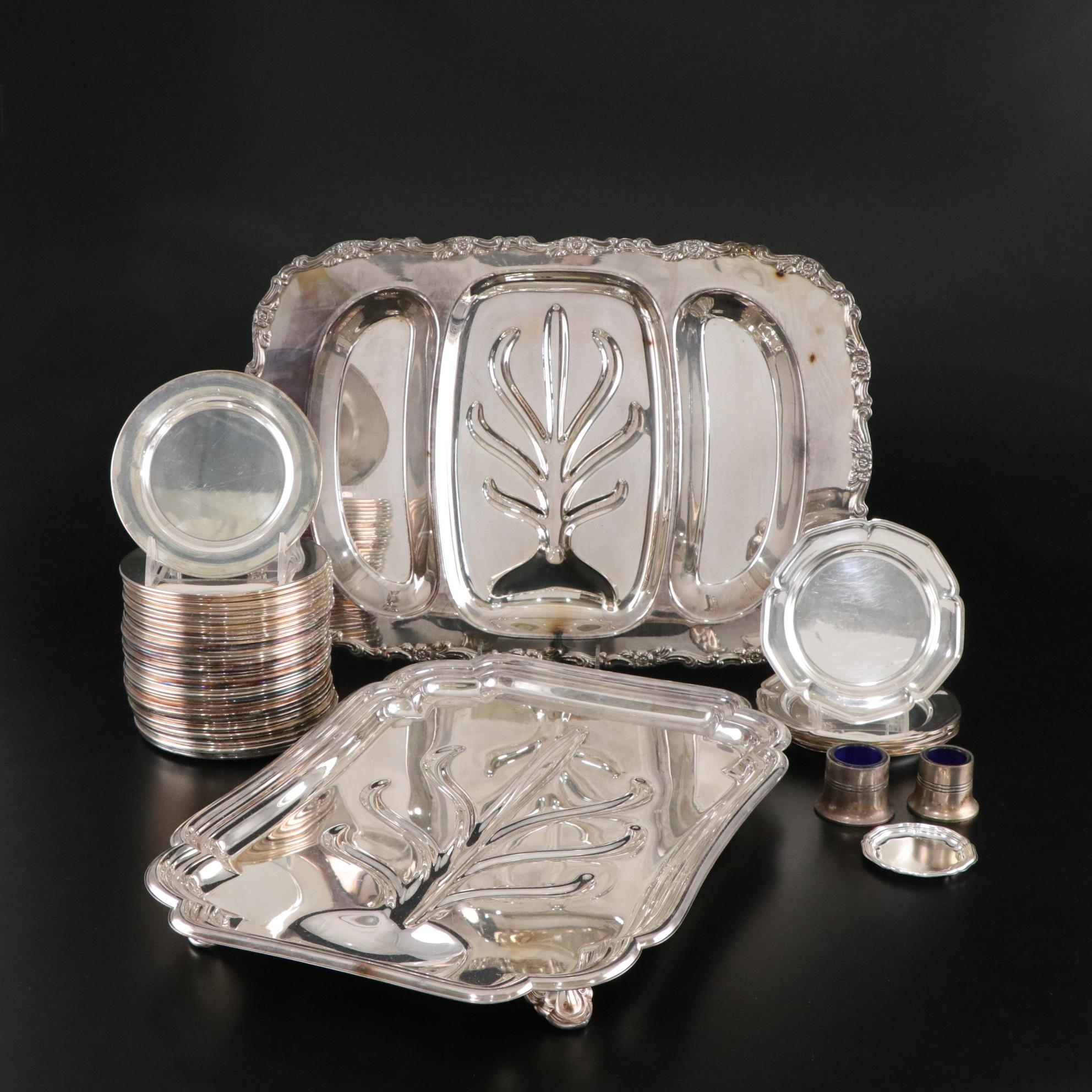 Silver Plate Meat Platters, Dessert Plates, and Cobalt Glass Condiment Cups