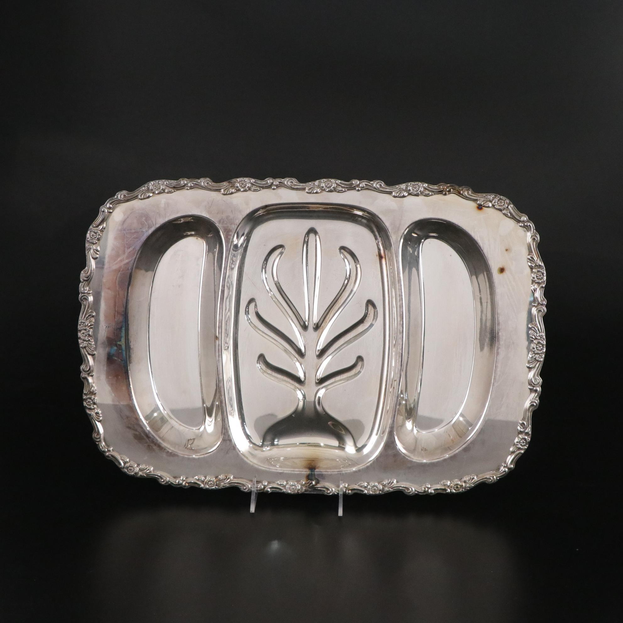 Silver Plate Meat Platters, Dessert Plates, and Cobalt Glass Condiment Cups