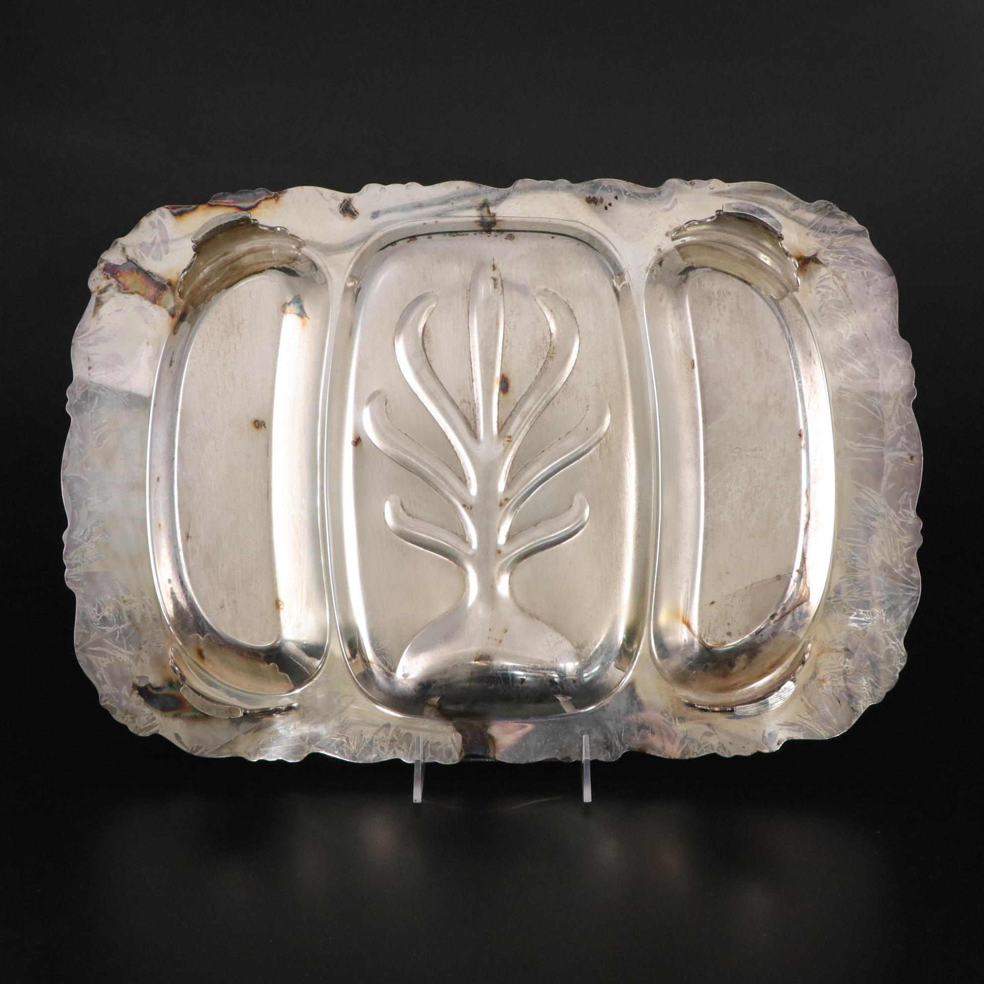 Silver Plate Meat Platters, Dessert Plates, and Cobalt Glass Condiment Cups