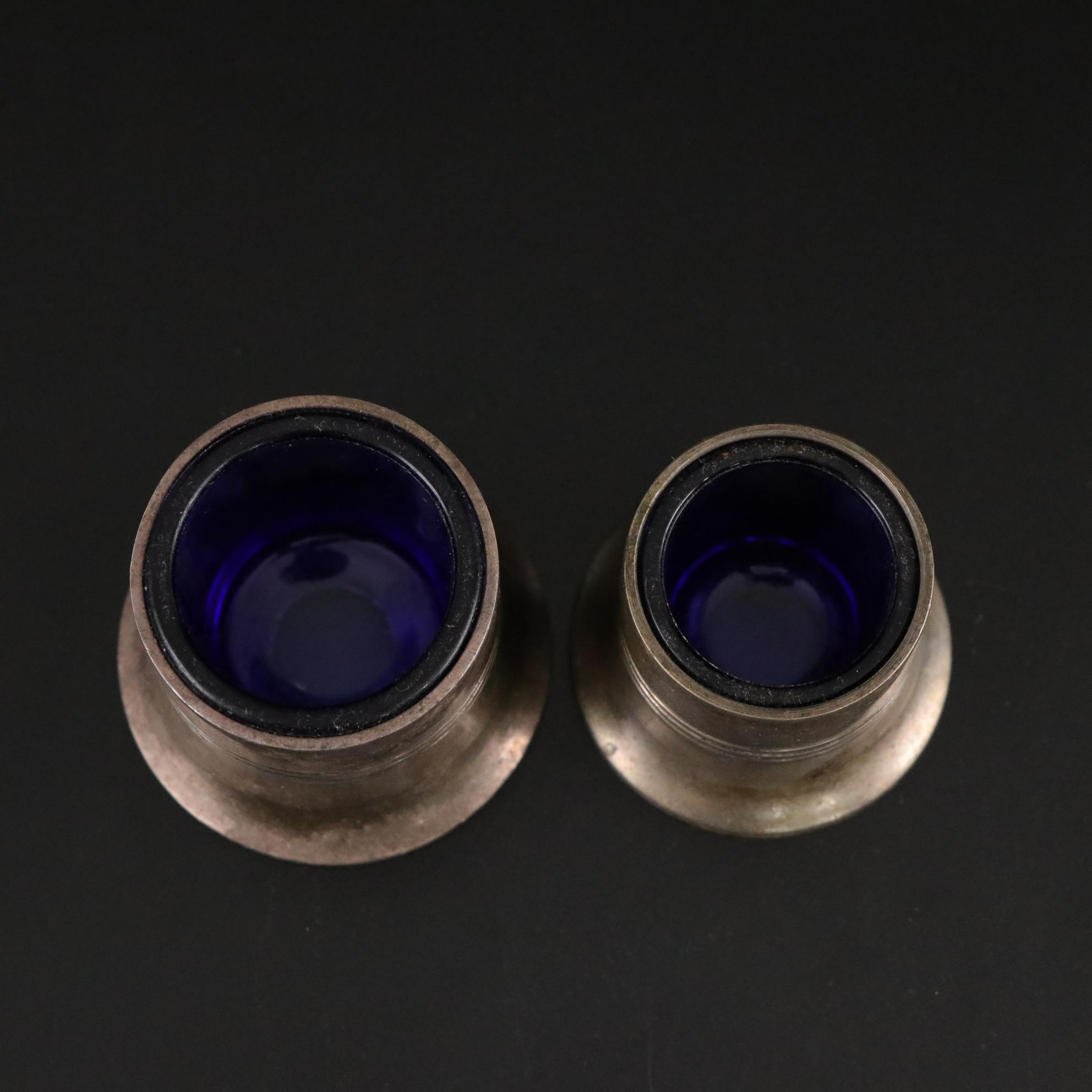 Silver Plate Meat Platters, Dessert Plates, and Cobalt Glass Condiment Cups