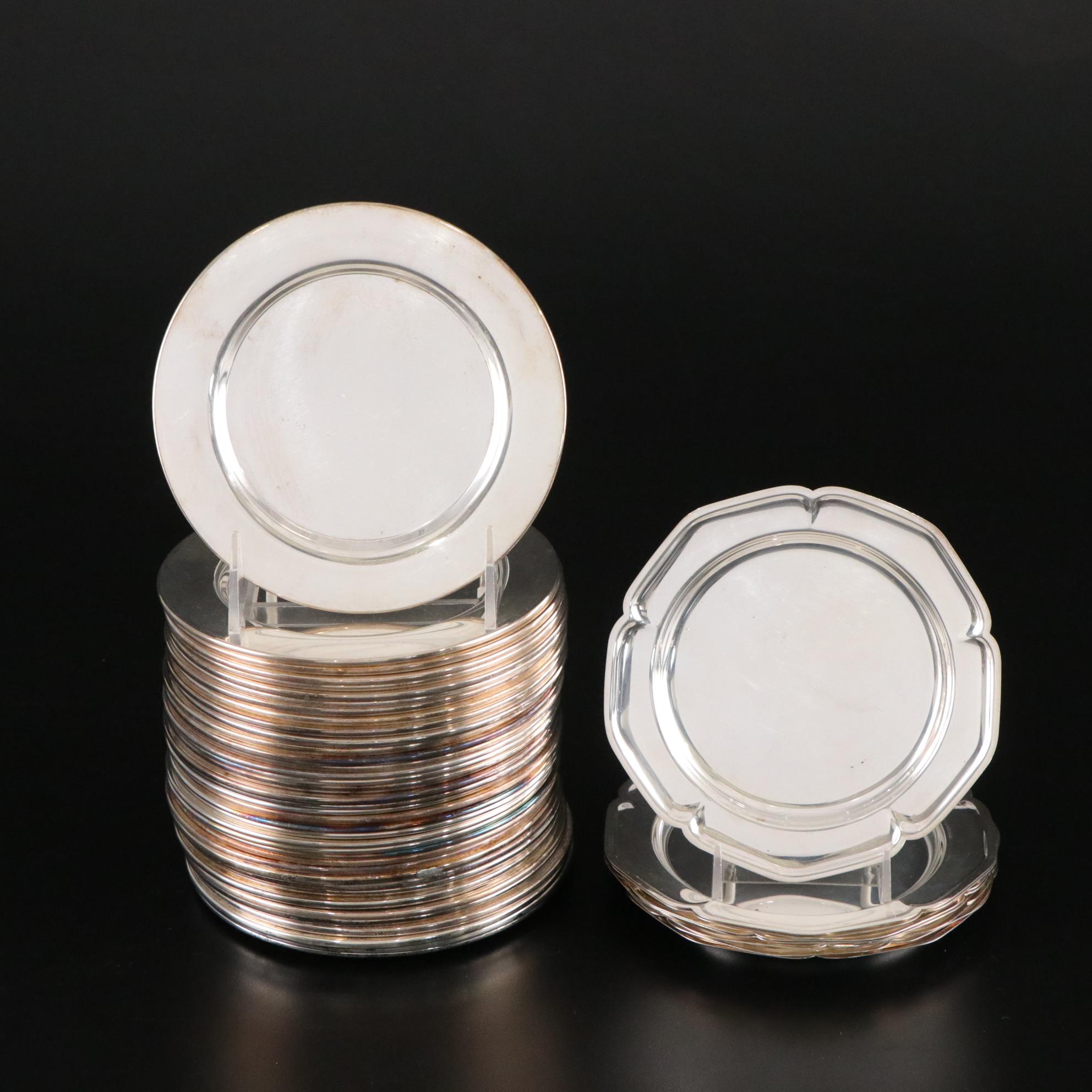 Silver Plate Meat Platters, Dessert Plates, and Cobalt Glass Condiment Cups