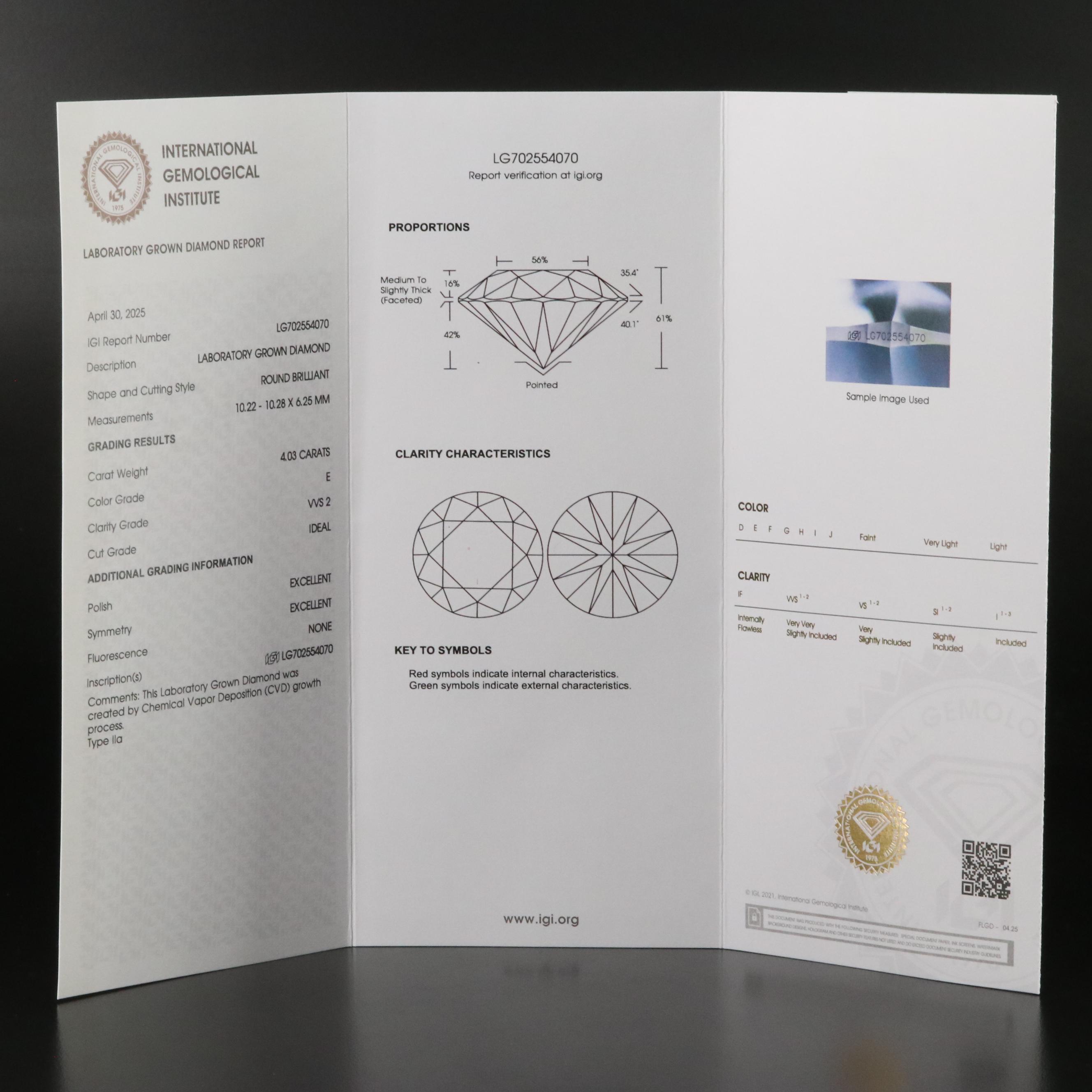 Loose 4.03 CT Lab Grown Diamond with IGI Report