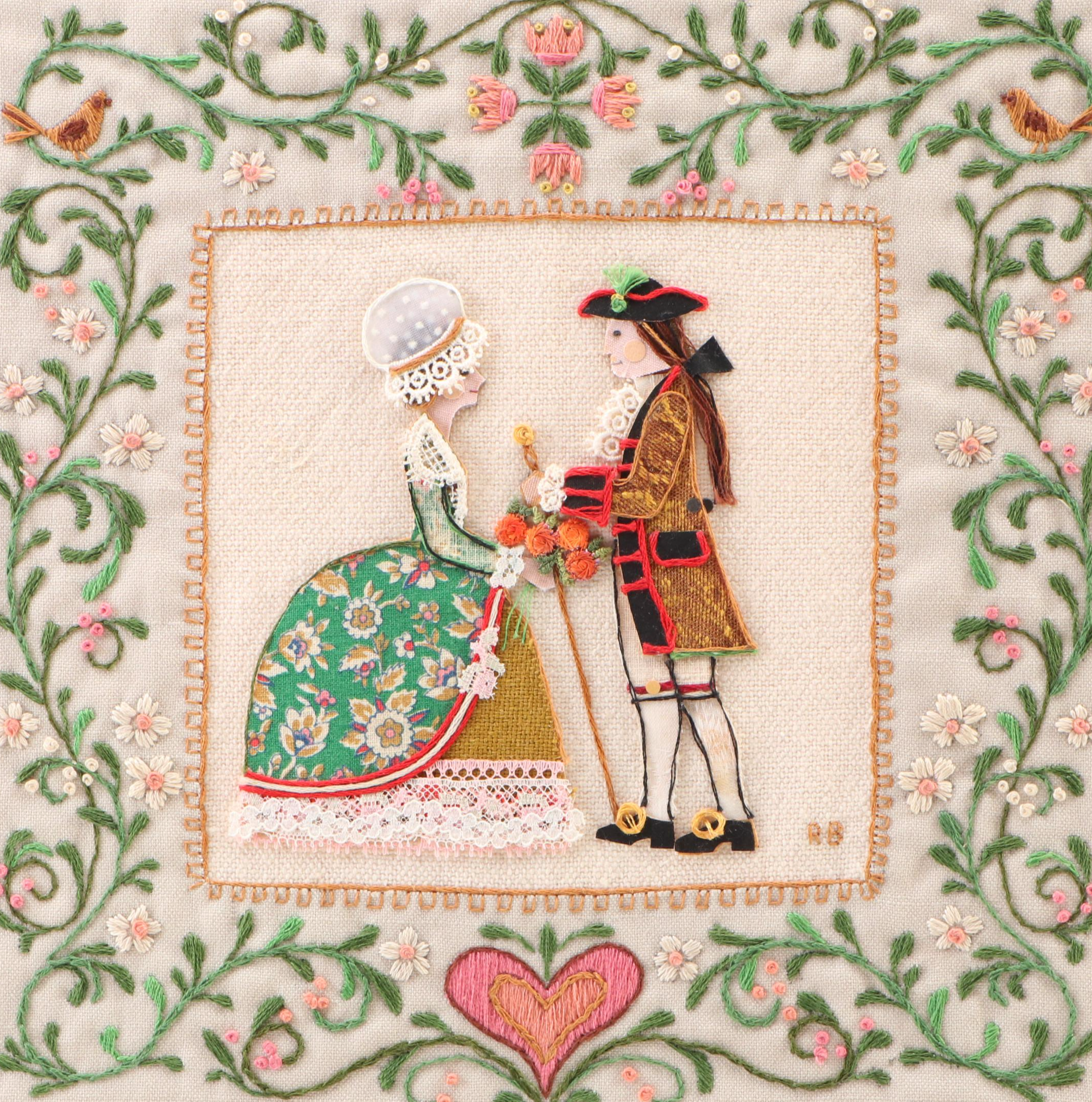 Embroidery and Fabric Collage Panel Featuring 18th Century Couple