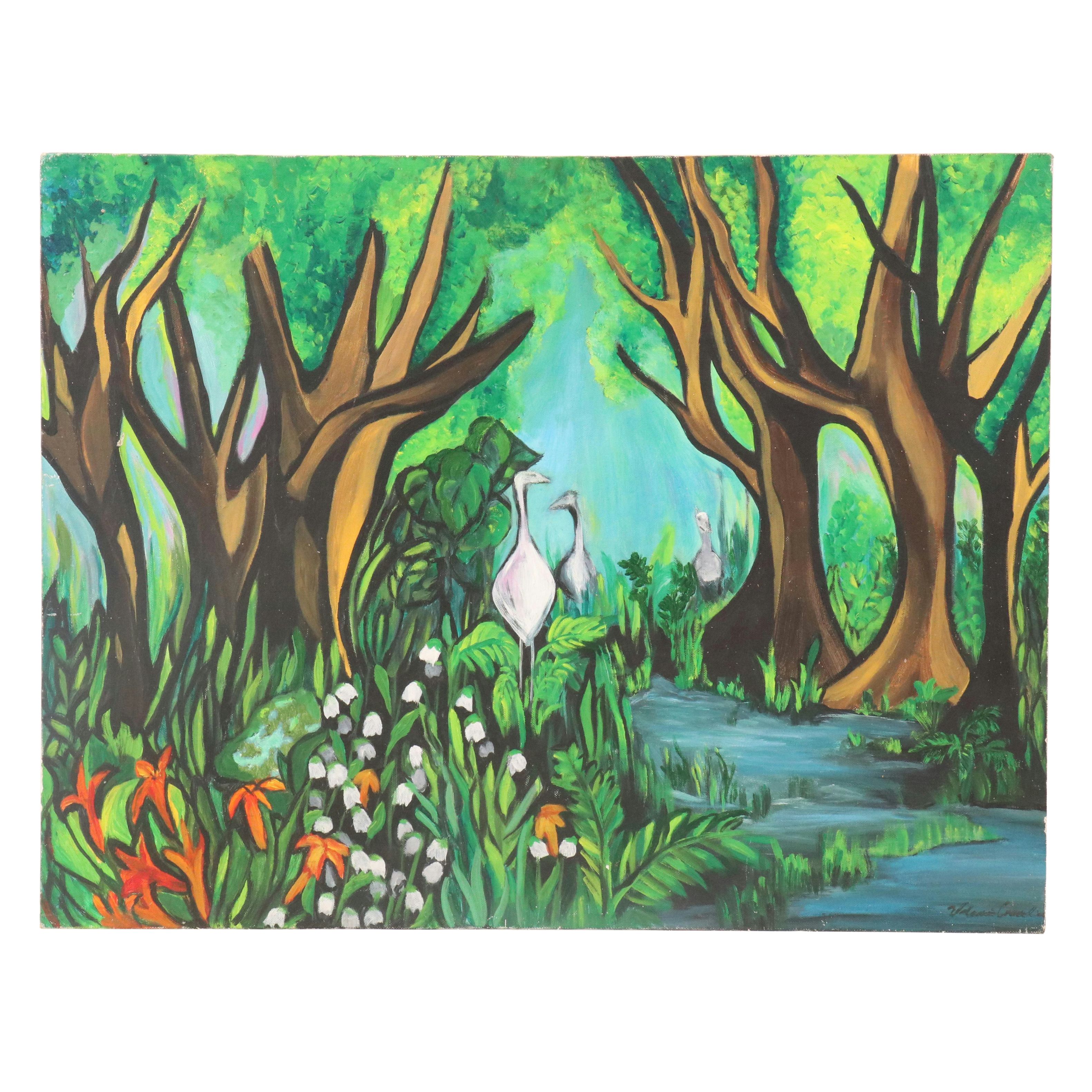 Scenic Acrylic Painting with Waterfowl, Late 20th / 21st Century