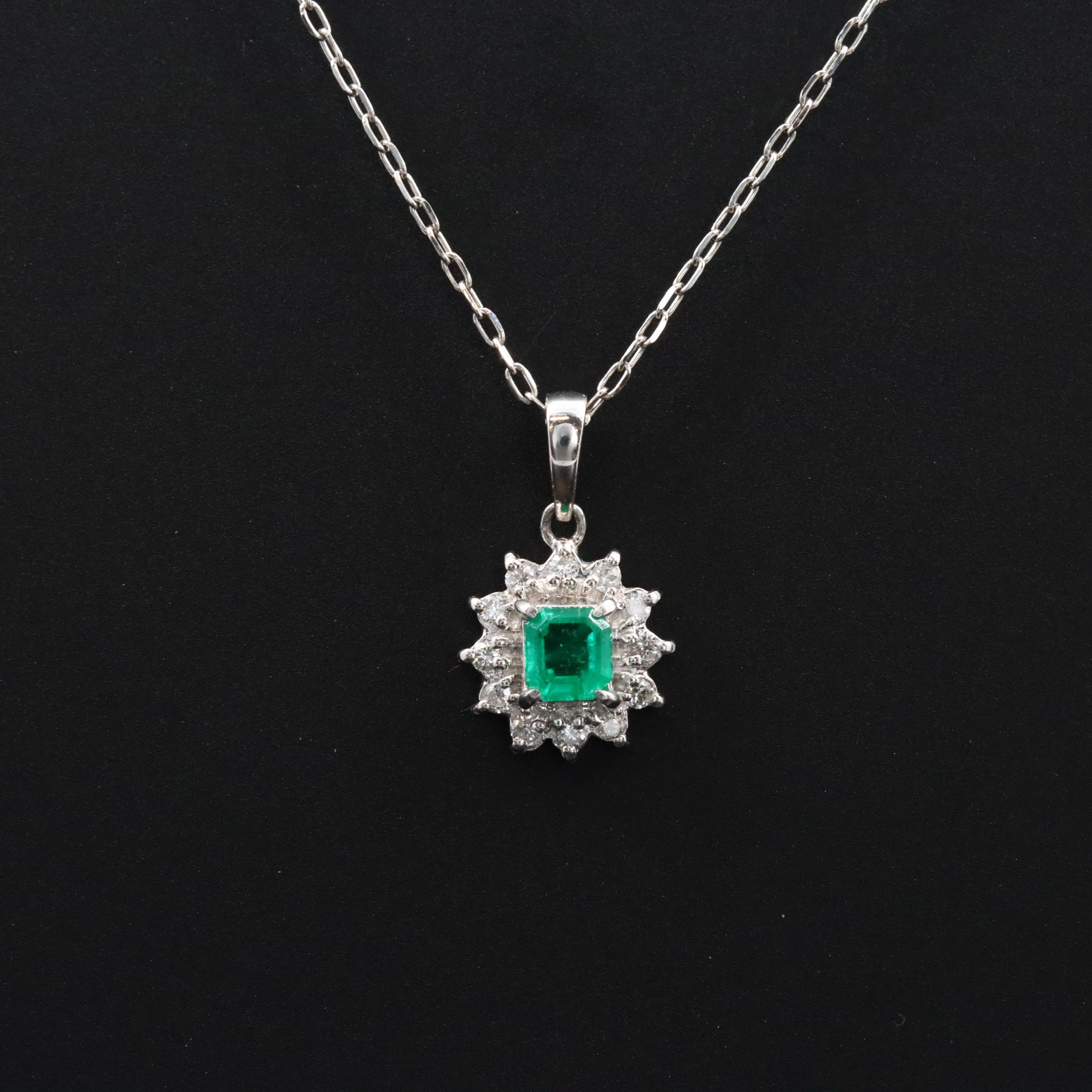 Platinum Emerald and Diamond Pendant on Adjustable Chain Necklace