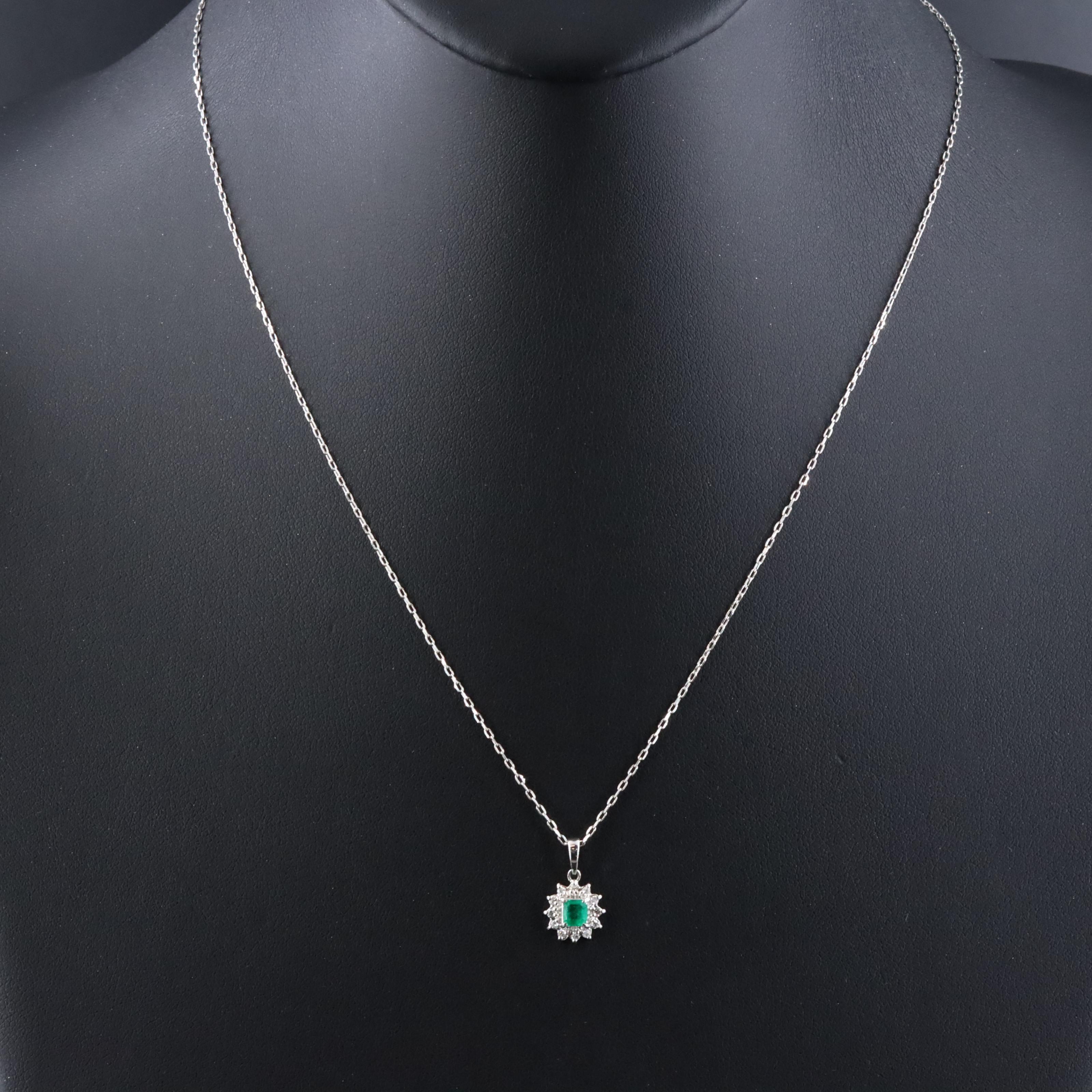 Platinum Emerald and Diamond Pendant on Adjustable Chain Necklace