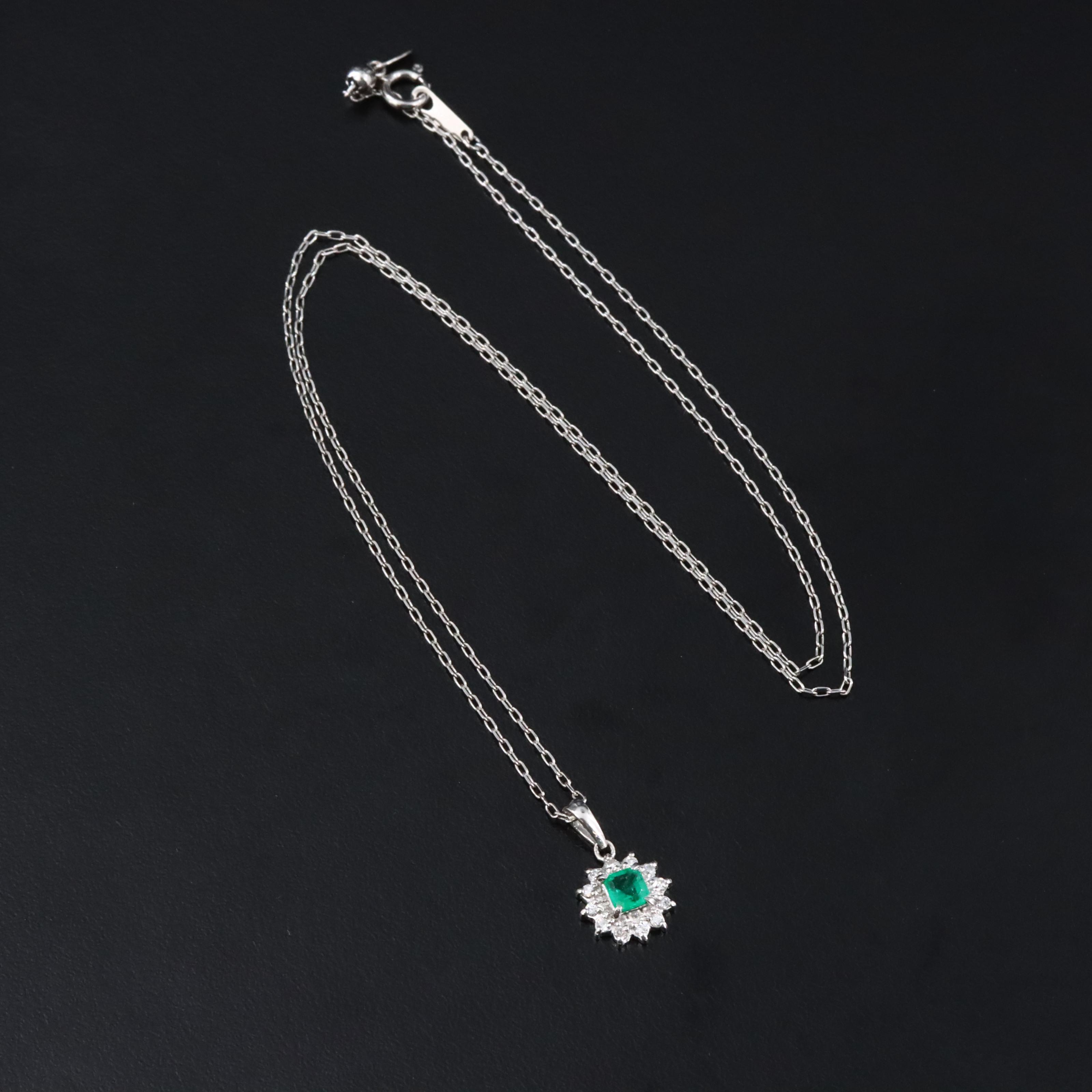 Platinum Emerald and Diamond Pendant on Adjustable Chain Necklace