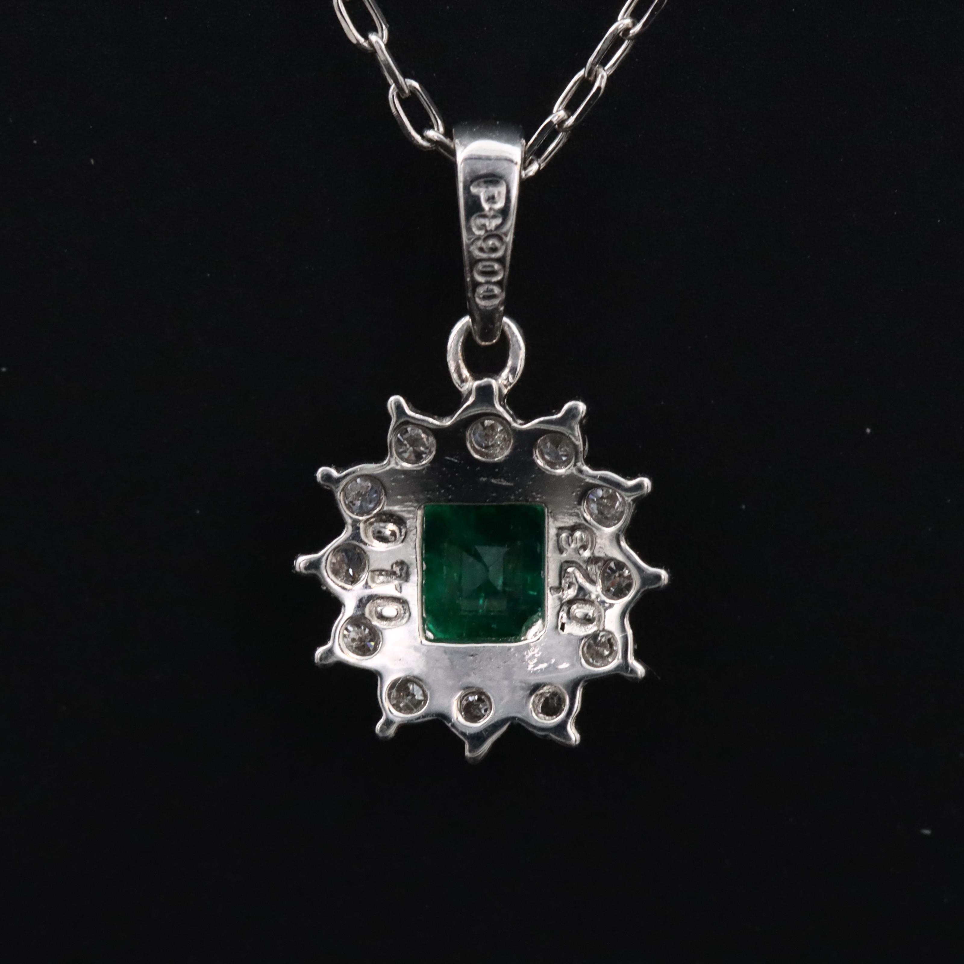 Platinum Emerald and Diamond Pendant on Adjustable Chain Necklace