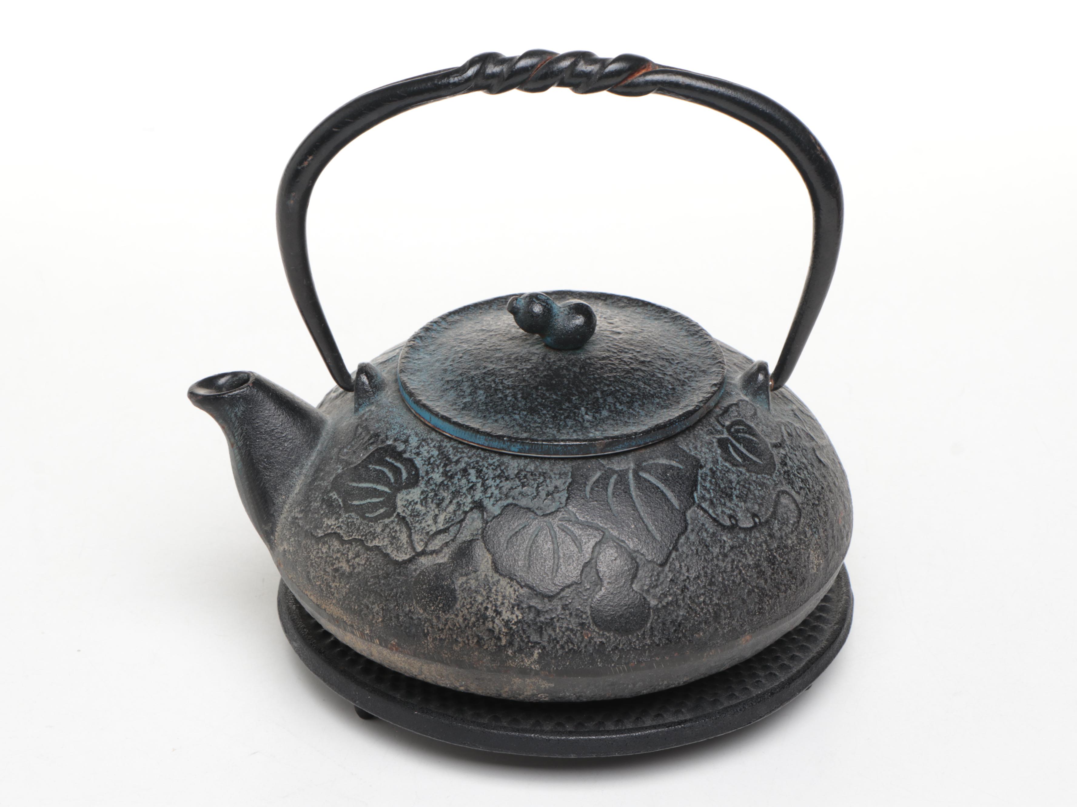 Middle Eastern Style Lacquered Wood Spice Box with Japanese Cast Iron Teapot