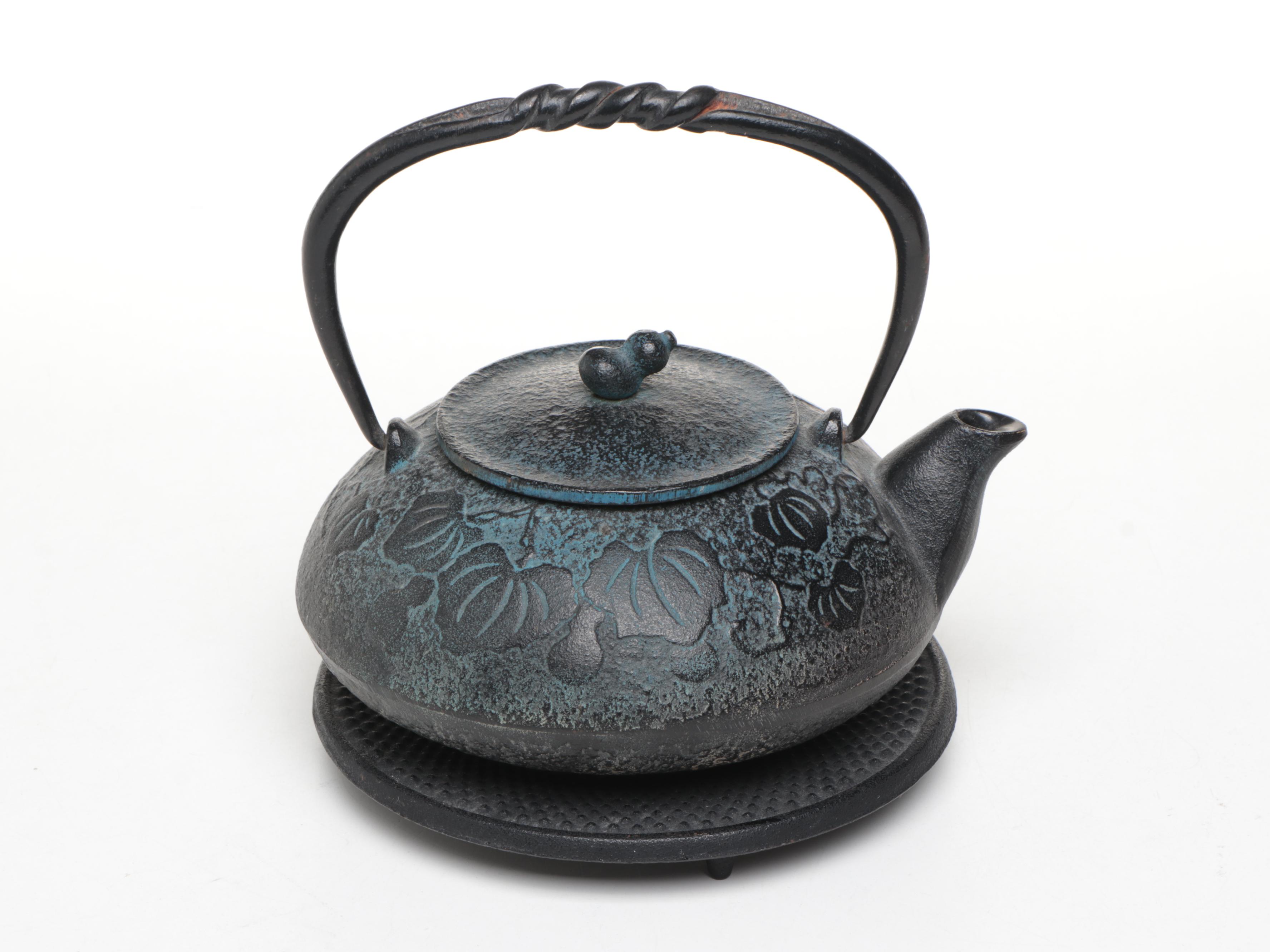 Middle Eastern Style Lacquered Wood Spice Box with Japanese Cast Iron Teapot