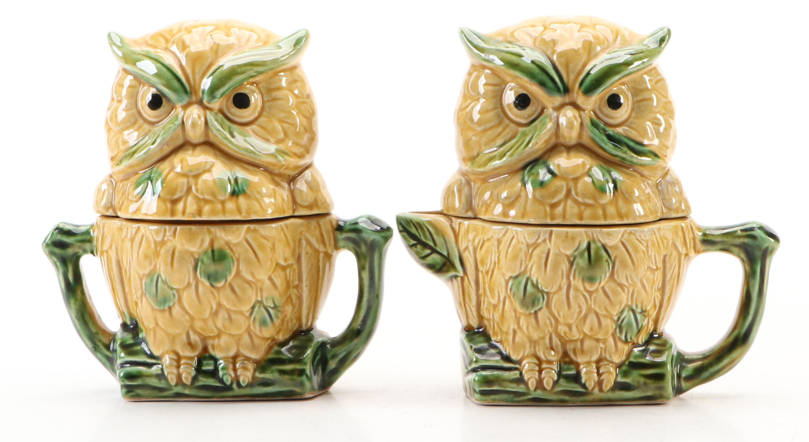 Vintage Japanese Majolica Style Owl Condiment Sets, Mid-20th Century