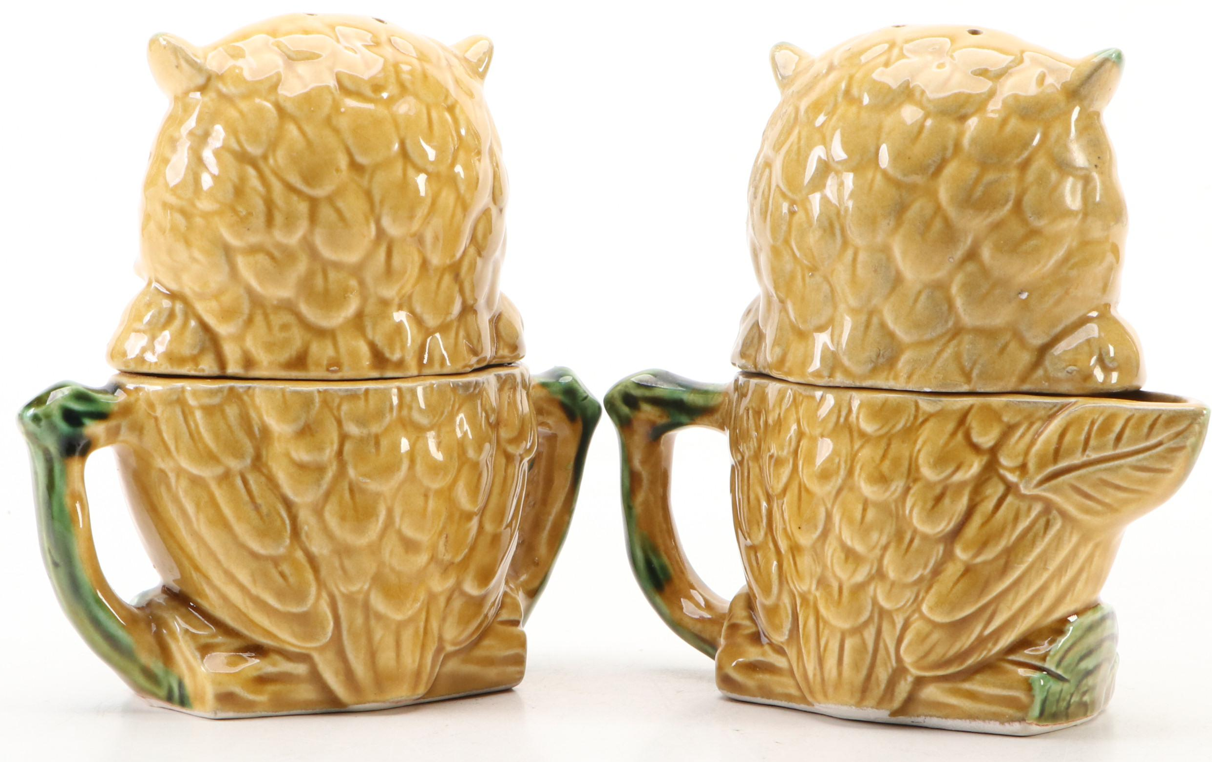 Vintage Japanese Majolica Style Owl Condiment Sets, Mid-20th Century