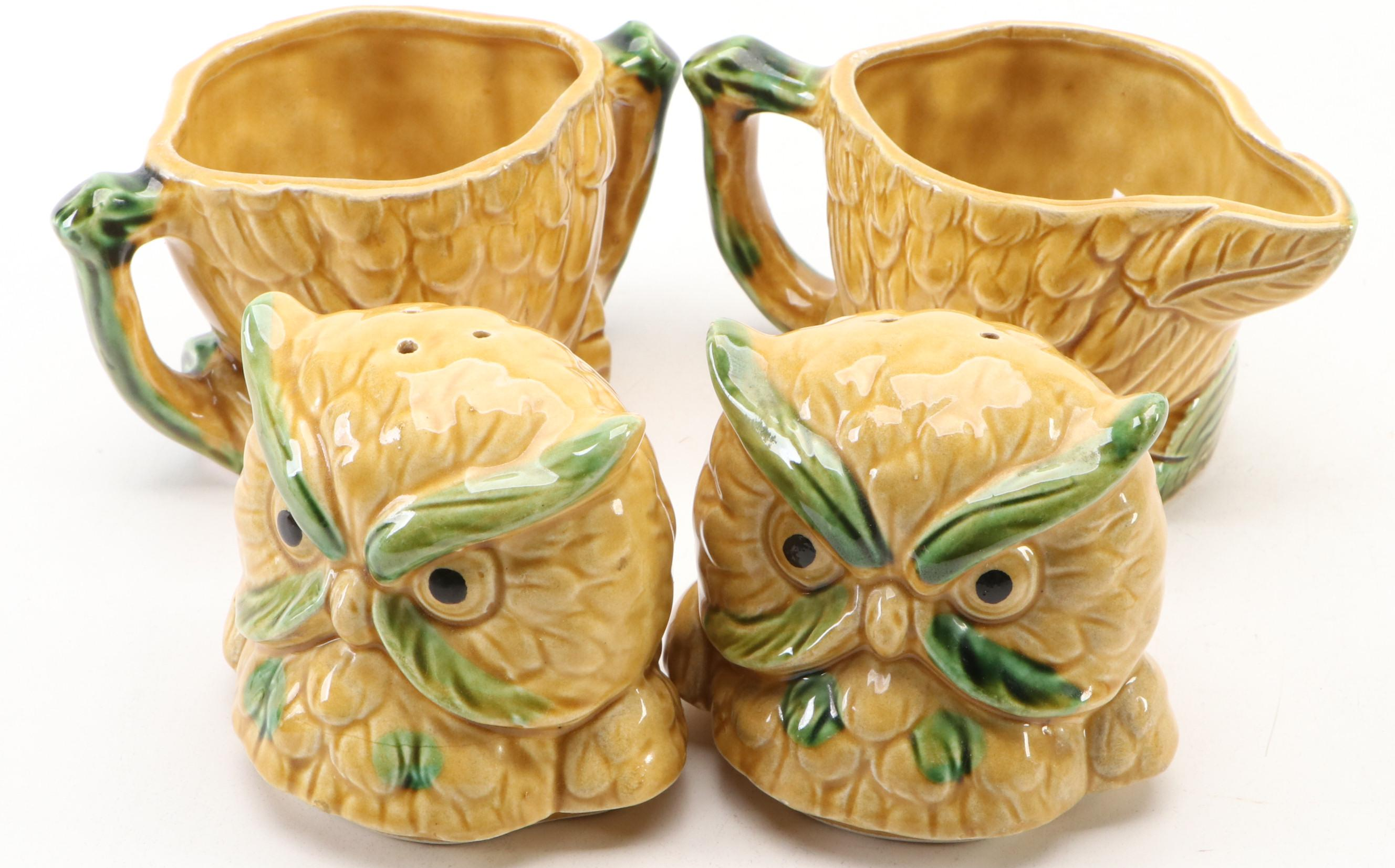 Vintage Japanese Majolica Style Owl Condiment Sets, Mid-20th Century