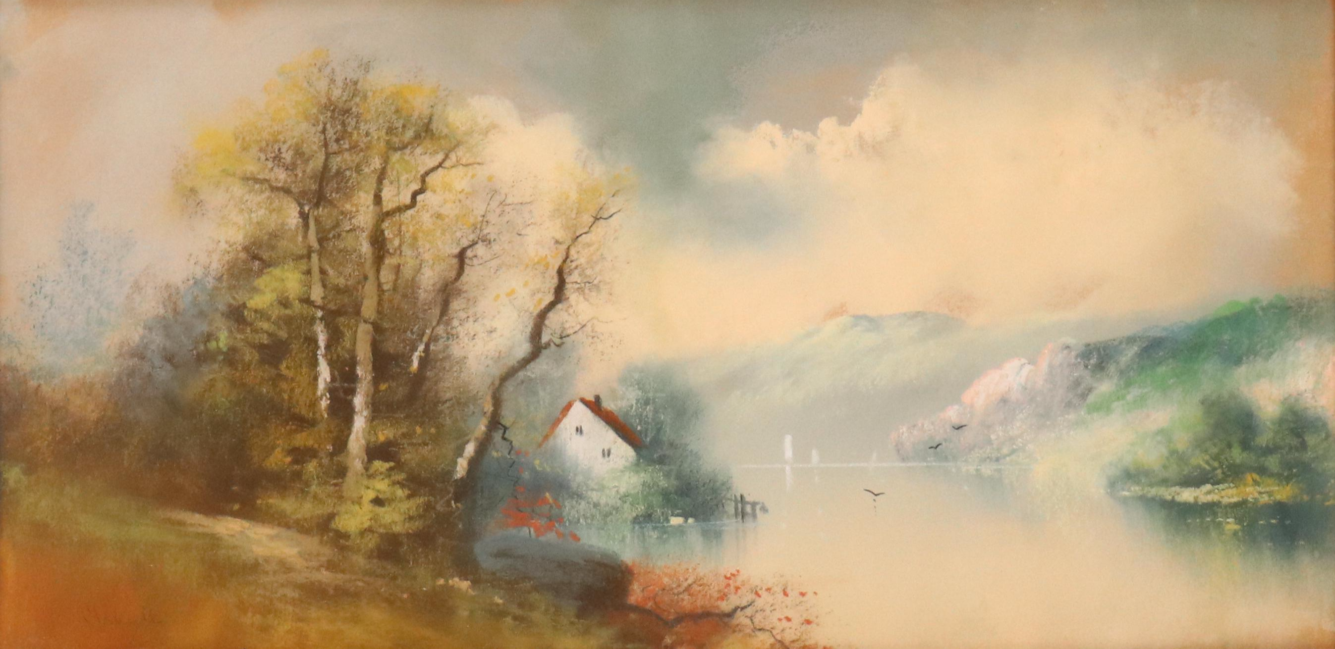 William Henry Chandler Pastel Landscape with Lake View, Early 20th Century