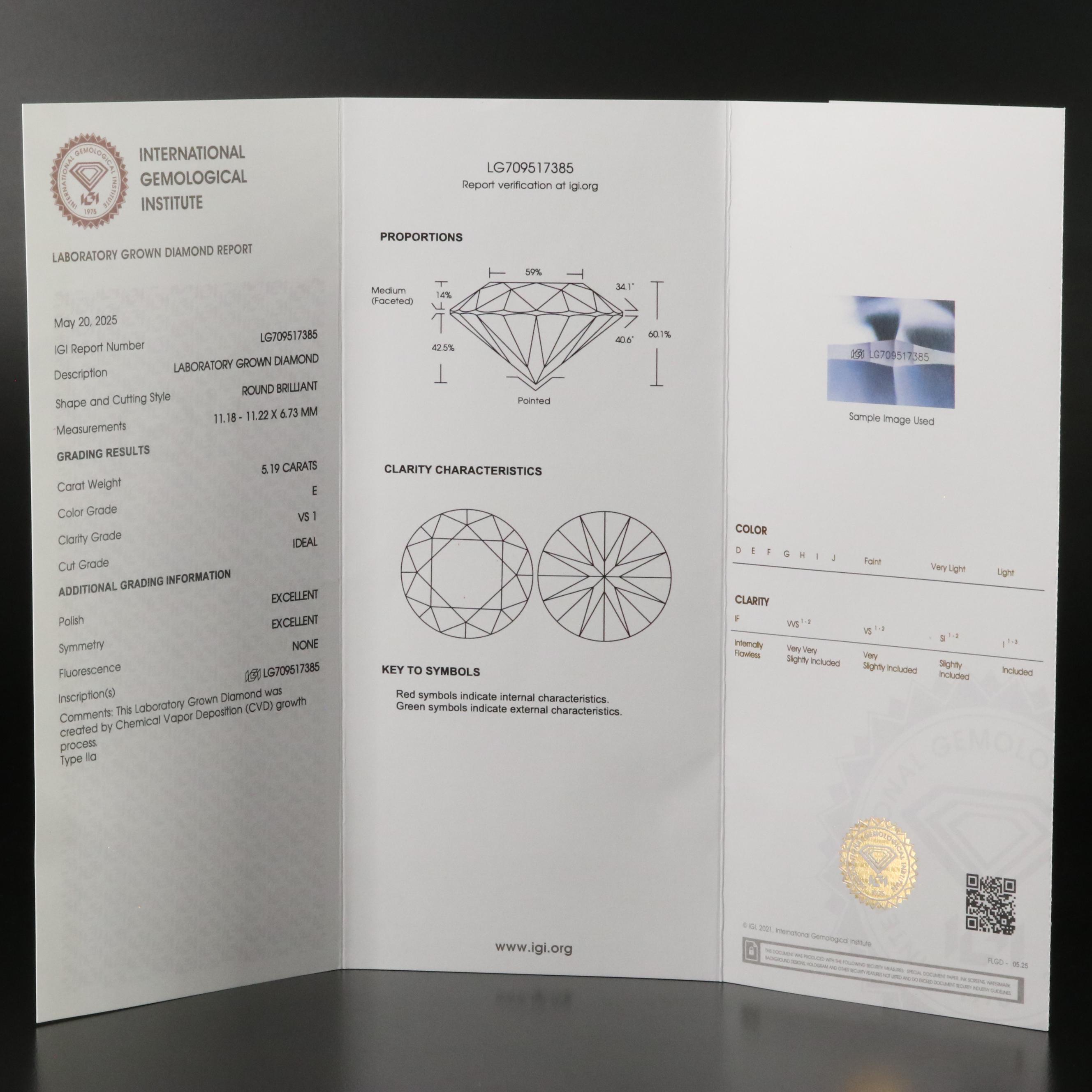 Loose 5.19 CT Lab Grown Diamond with IGI Report