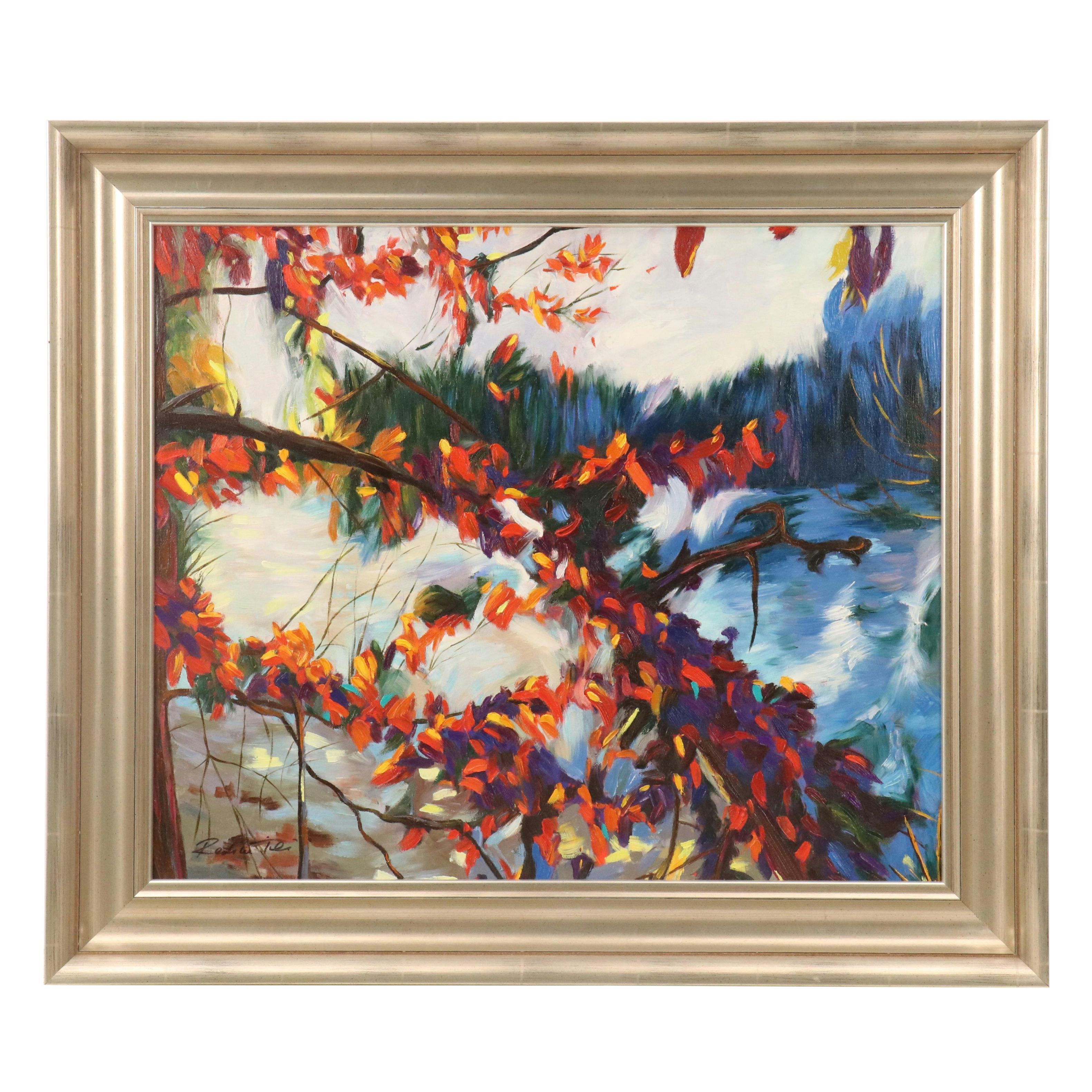 Redina Tili Impasto Oil Painting with Autumnal Landscape, 21st Century