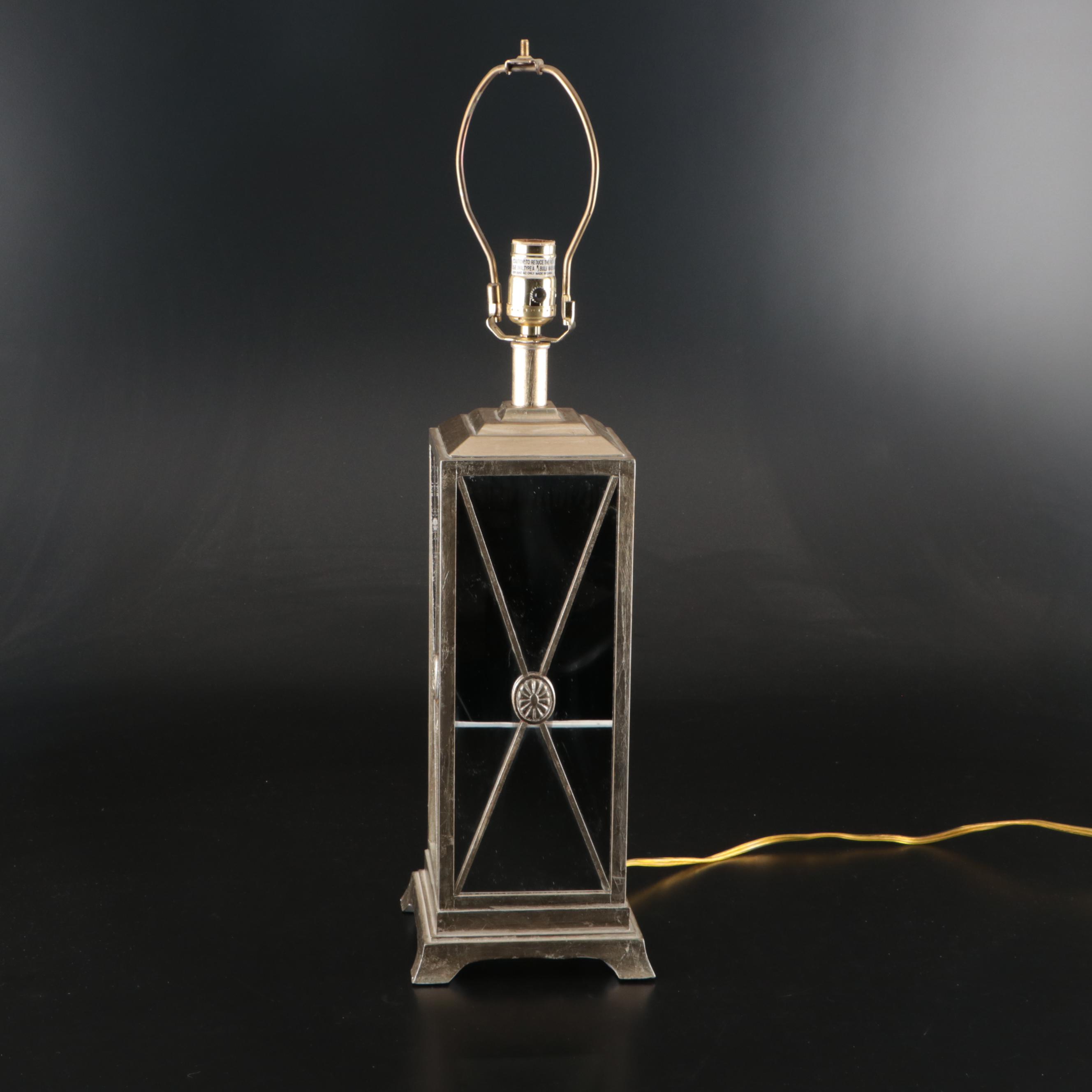 Campaign Style Mirror Panel Table Lamp with Square Pyramid Cotton Shade