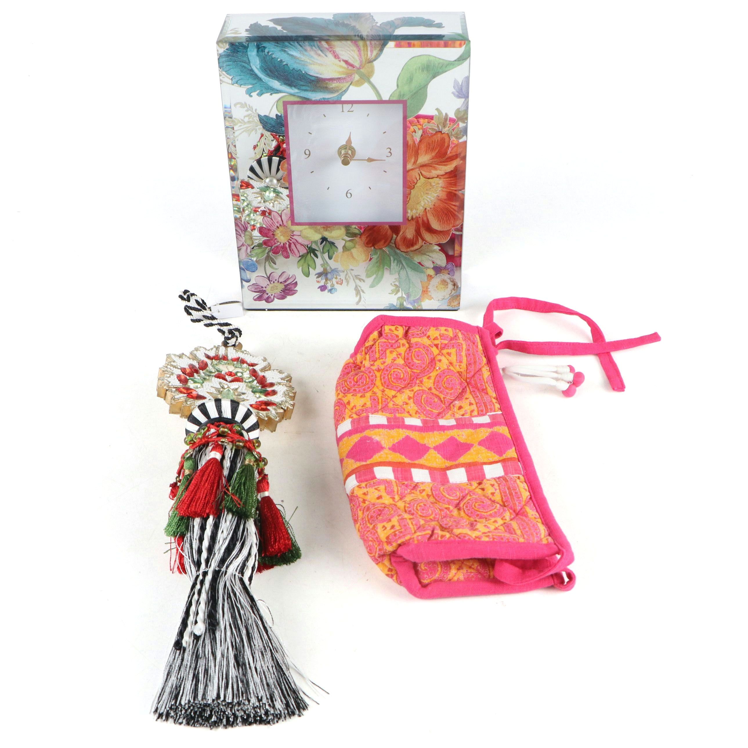 MacKenzie-Childs Tote Bag, "Flower Market Reflections" Carriage Clock and Tassel