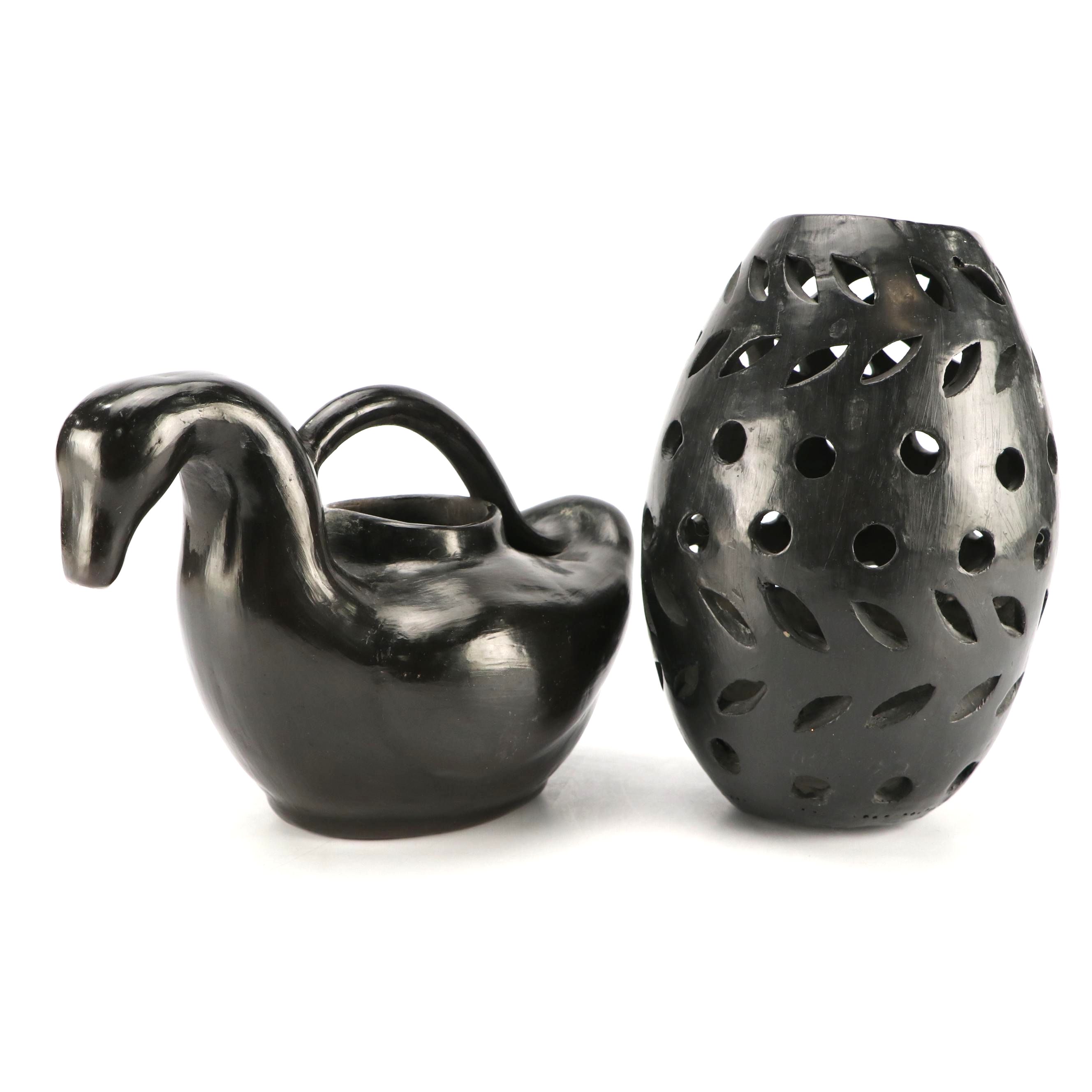 Blackware Duck Shaped Vessel and Pierced Vase