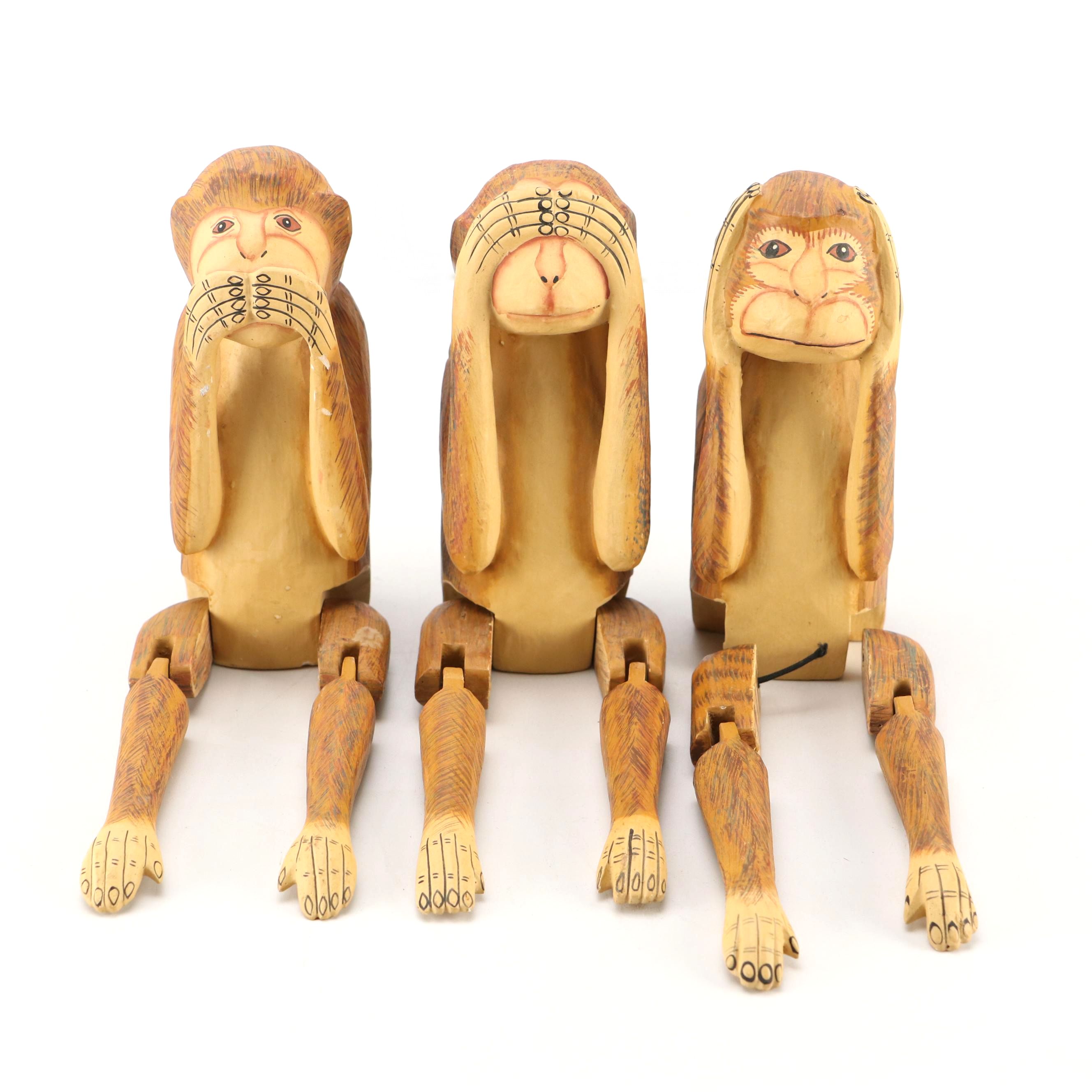 Polychrome and Carved Wood See No Evil, Hear No Evil, Speak No Evil Monkeys