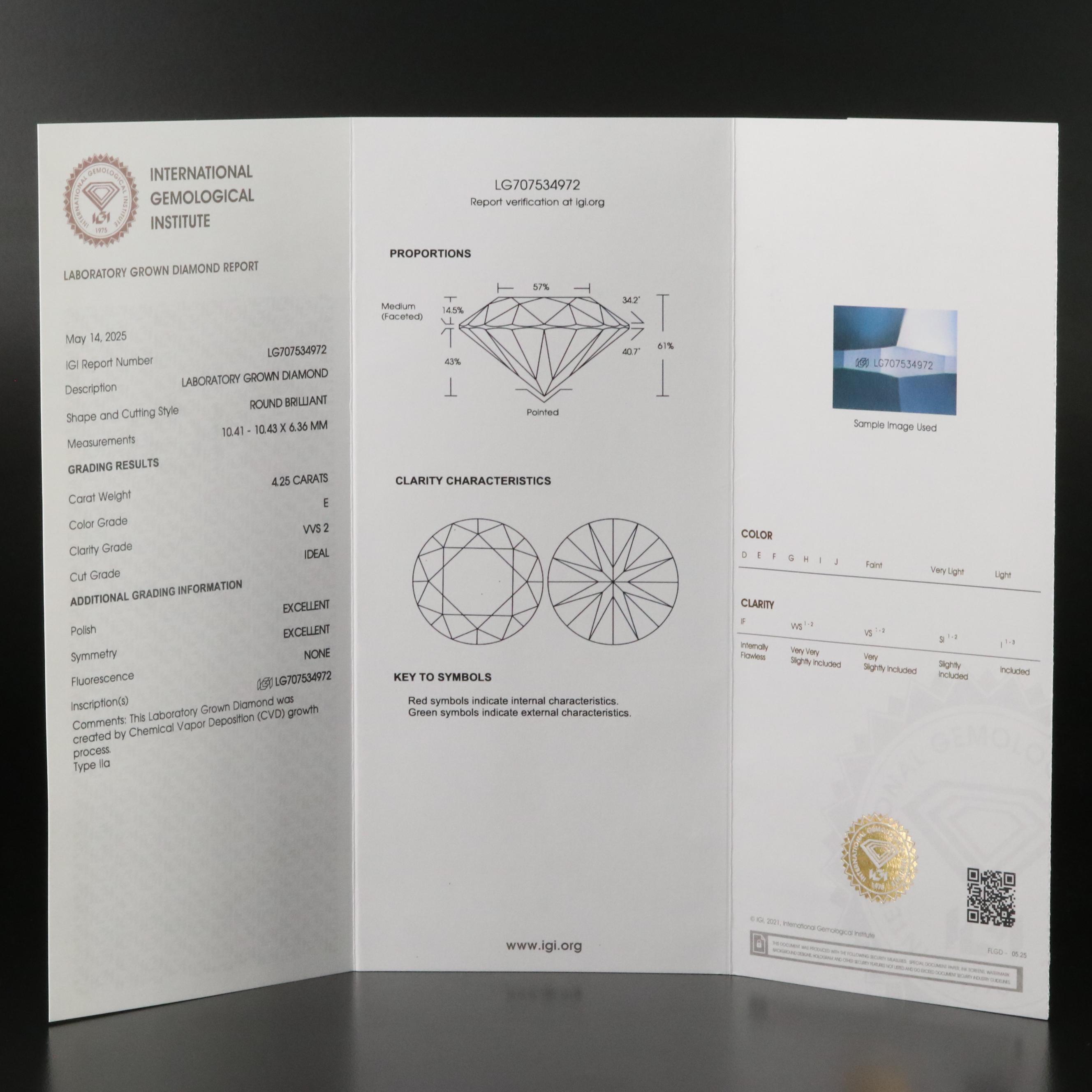 Loose 4.25 CT Lab Grown Diamond with IGI Report