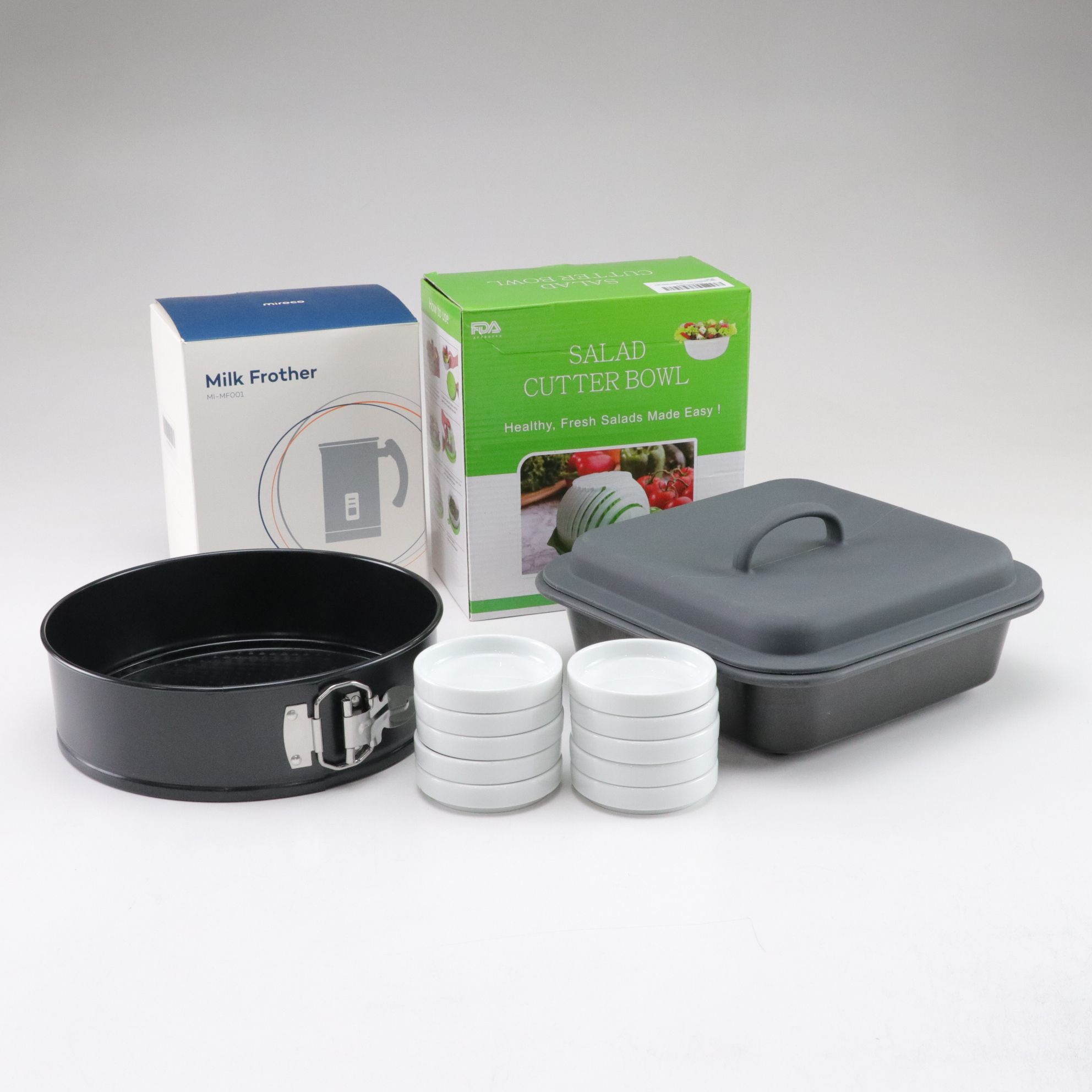 Salad Cutter Bowl with Milk Frother, Nonstick Cheesecake Pan and More