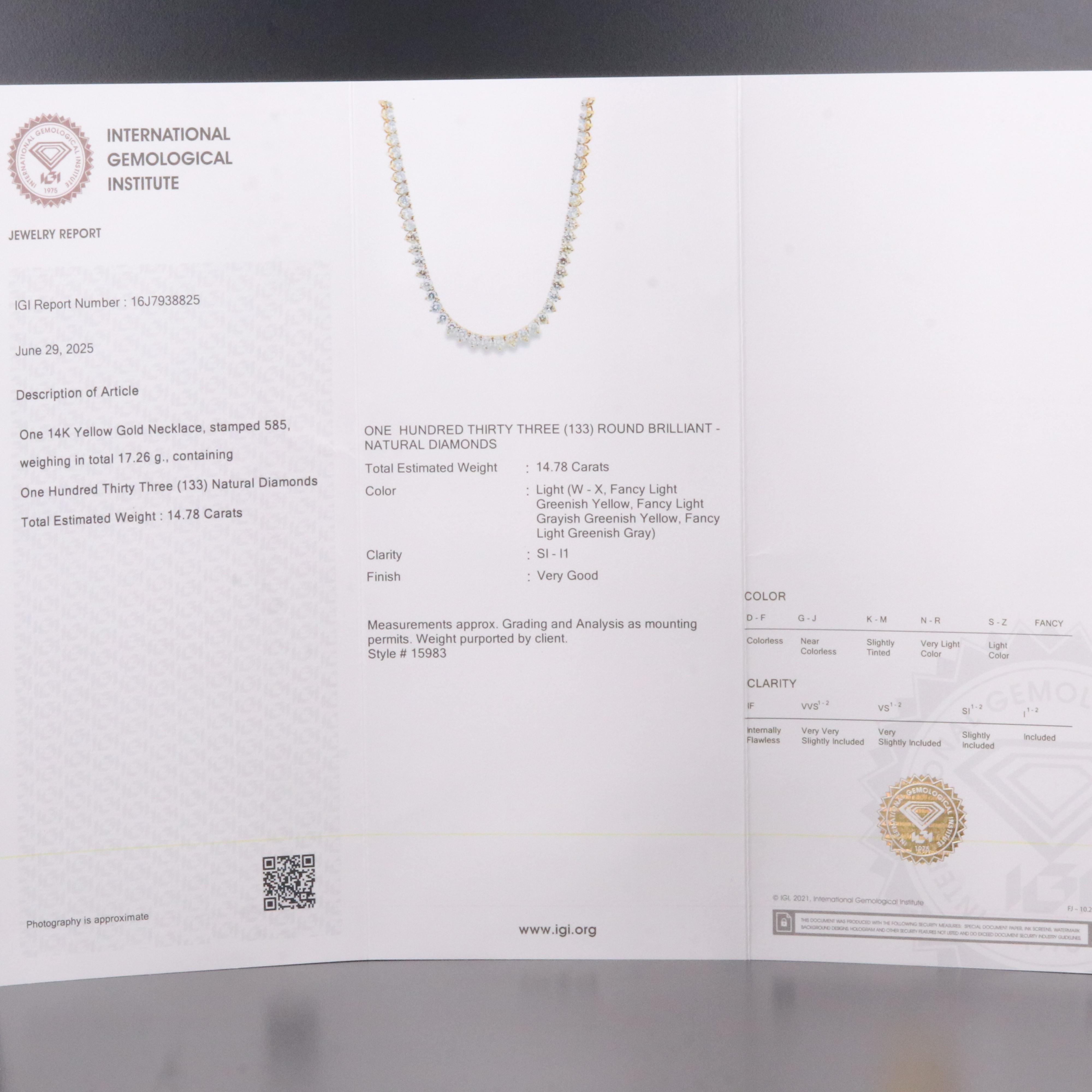 14K 14.78 CTW Diamond Riviera Necklace with IGI Report