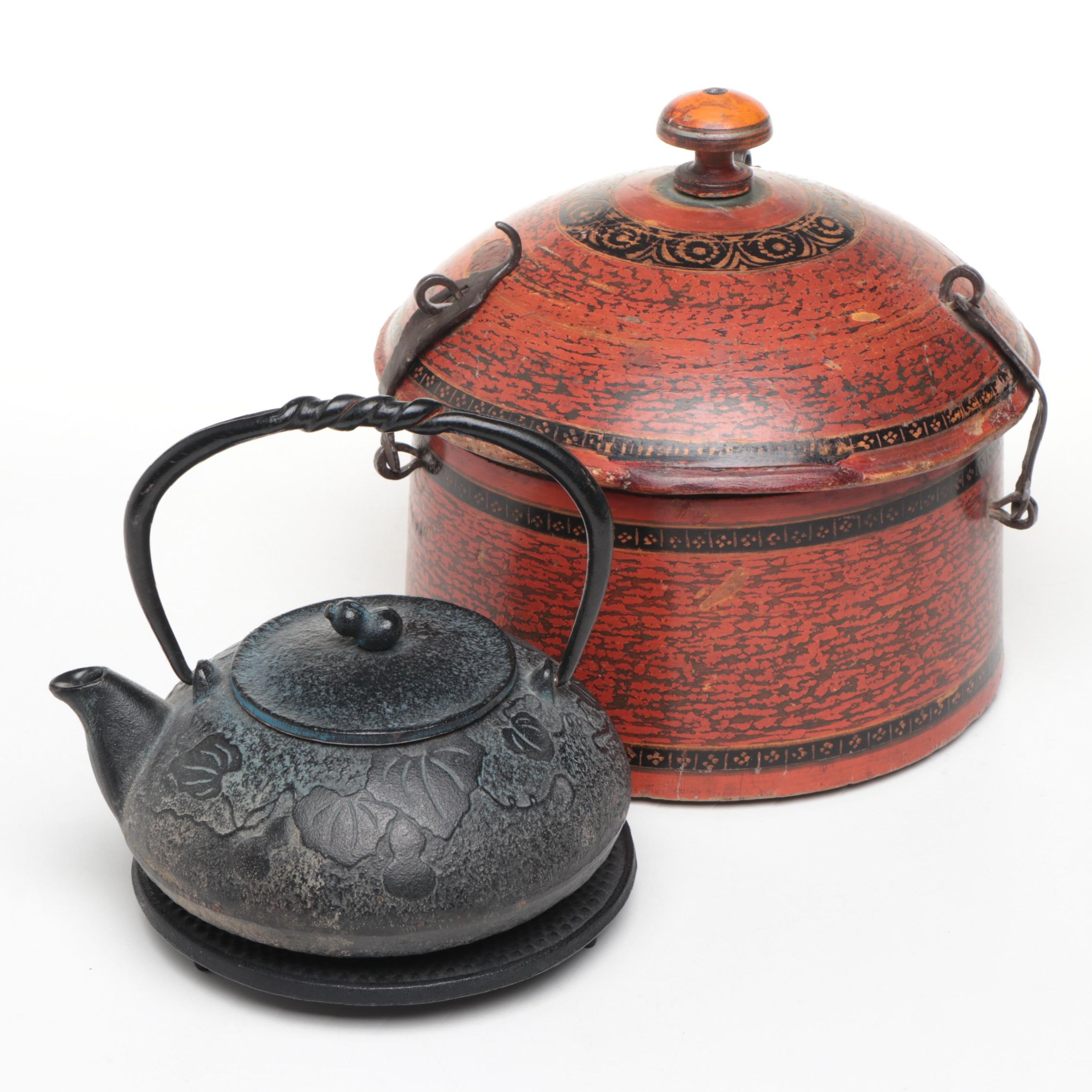 Middle Eastern Style Lacquered Wood Spice Box with Japanese Cast Iron Teapot