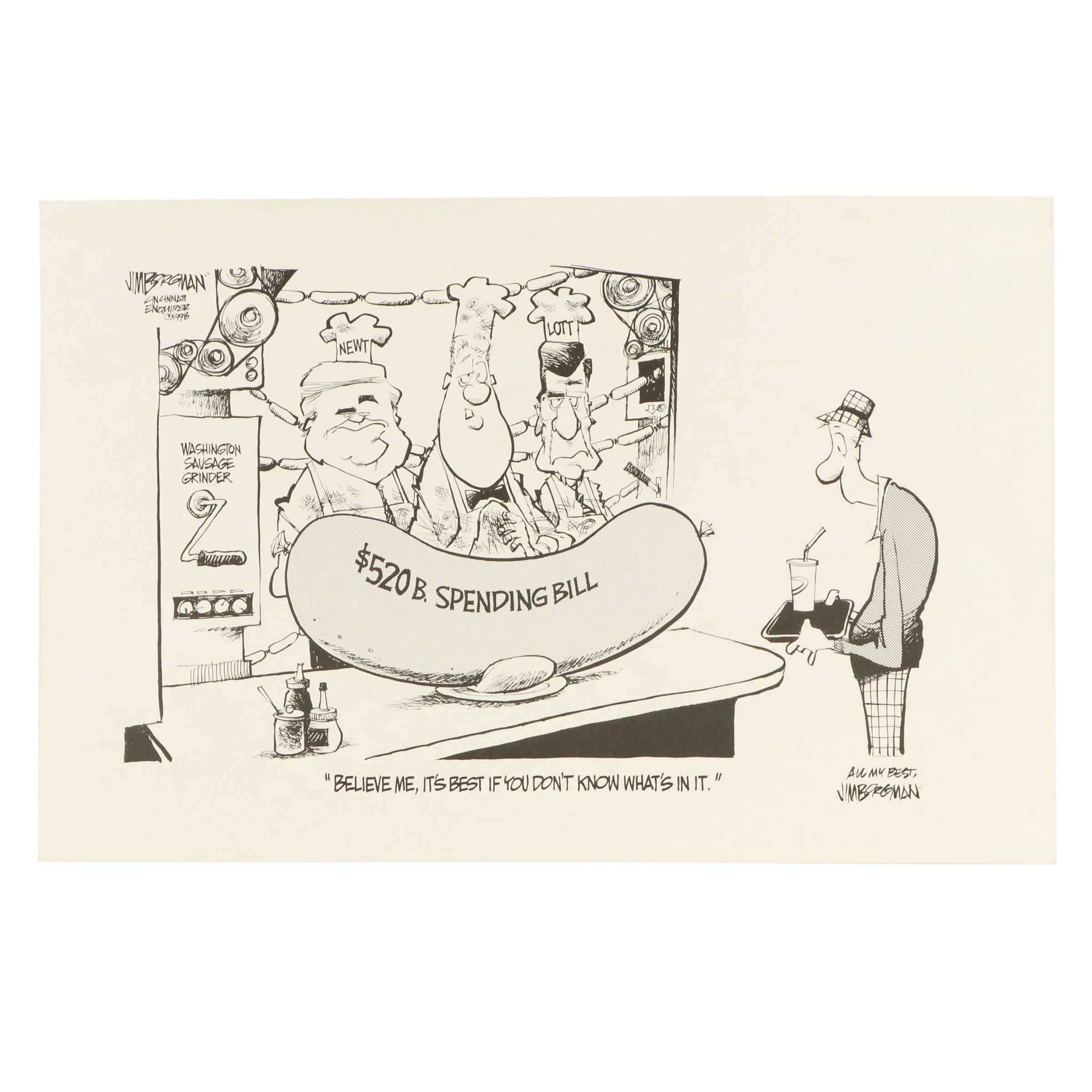 Cartoon Lithograph After Jim Borgman for "The Cincinnati Enquirer"