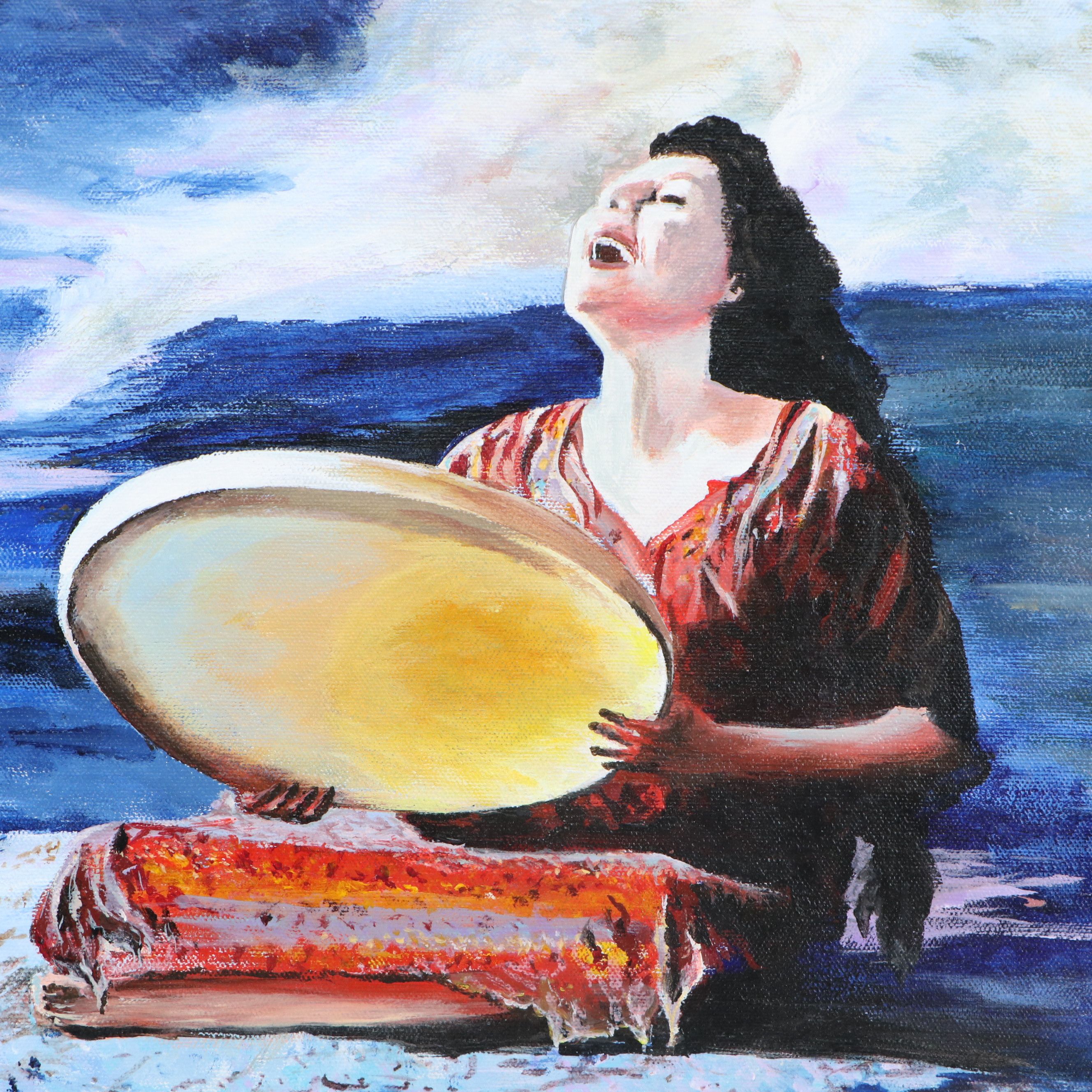 G. Parva Acrylic Painting of Seated Woman Playing Drum