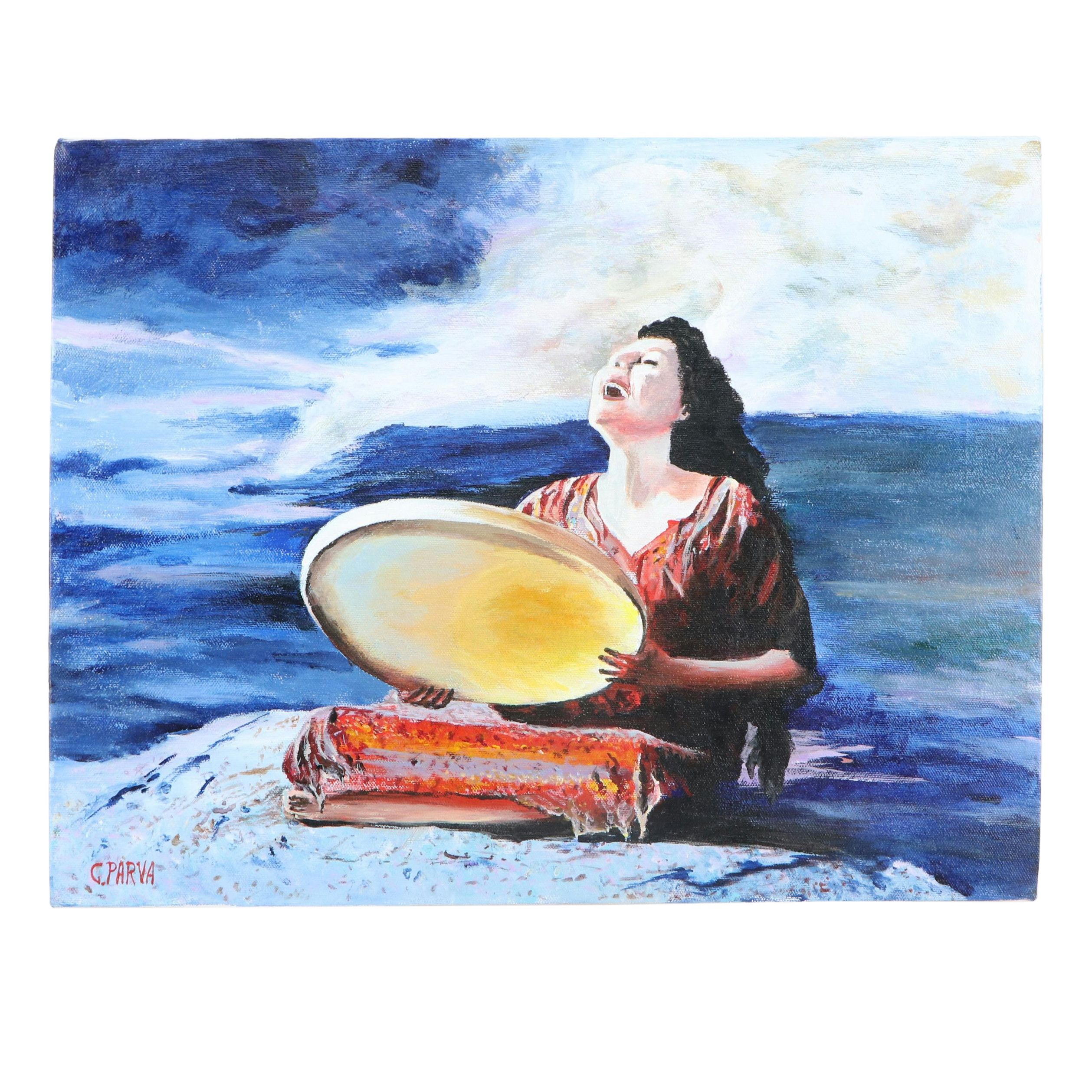 G. Parva Acrylic Painting of Seated Woman Playing Drum