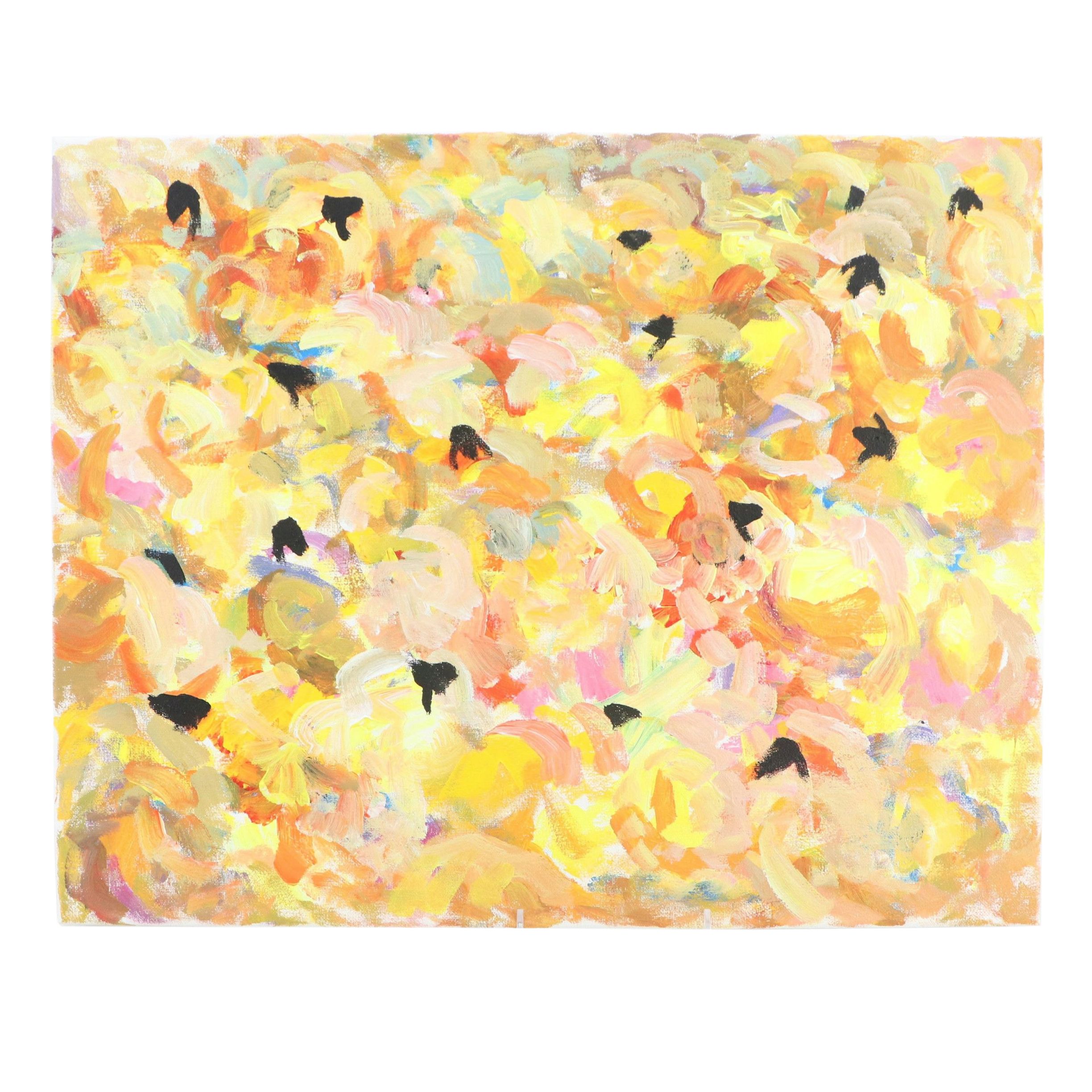 Elle Raines Stylized Acrylic Painting "Flock of Sheep #3," 21st Century