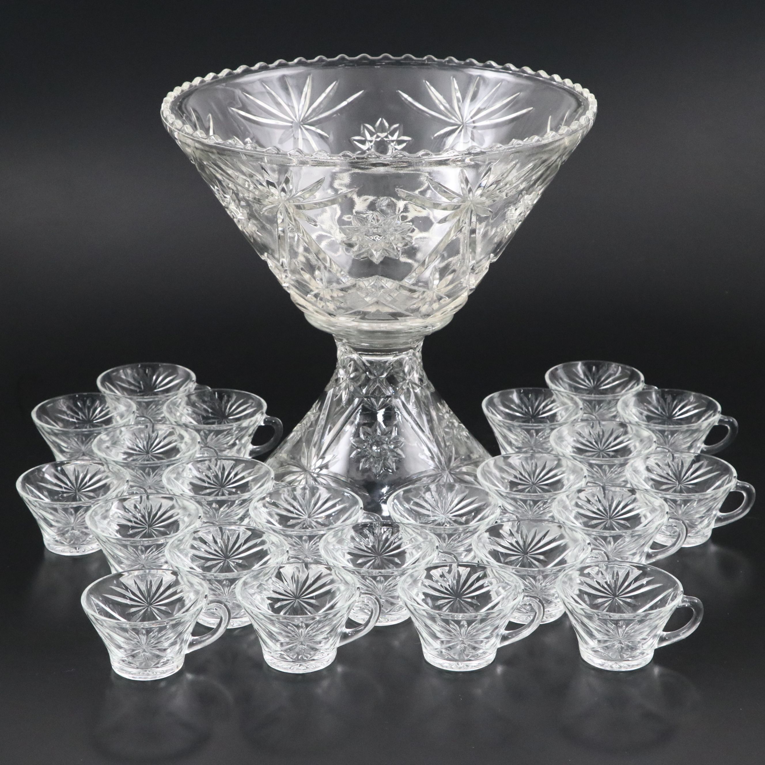 Anchor Hocking "Prescut Clear" Glass Punch Bowl and Cups