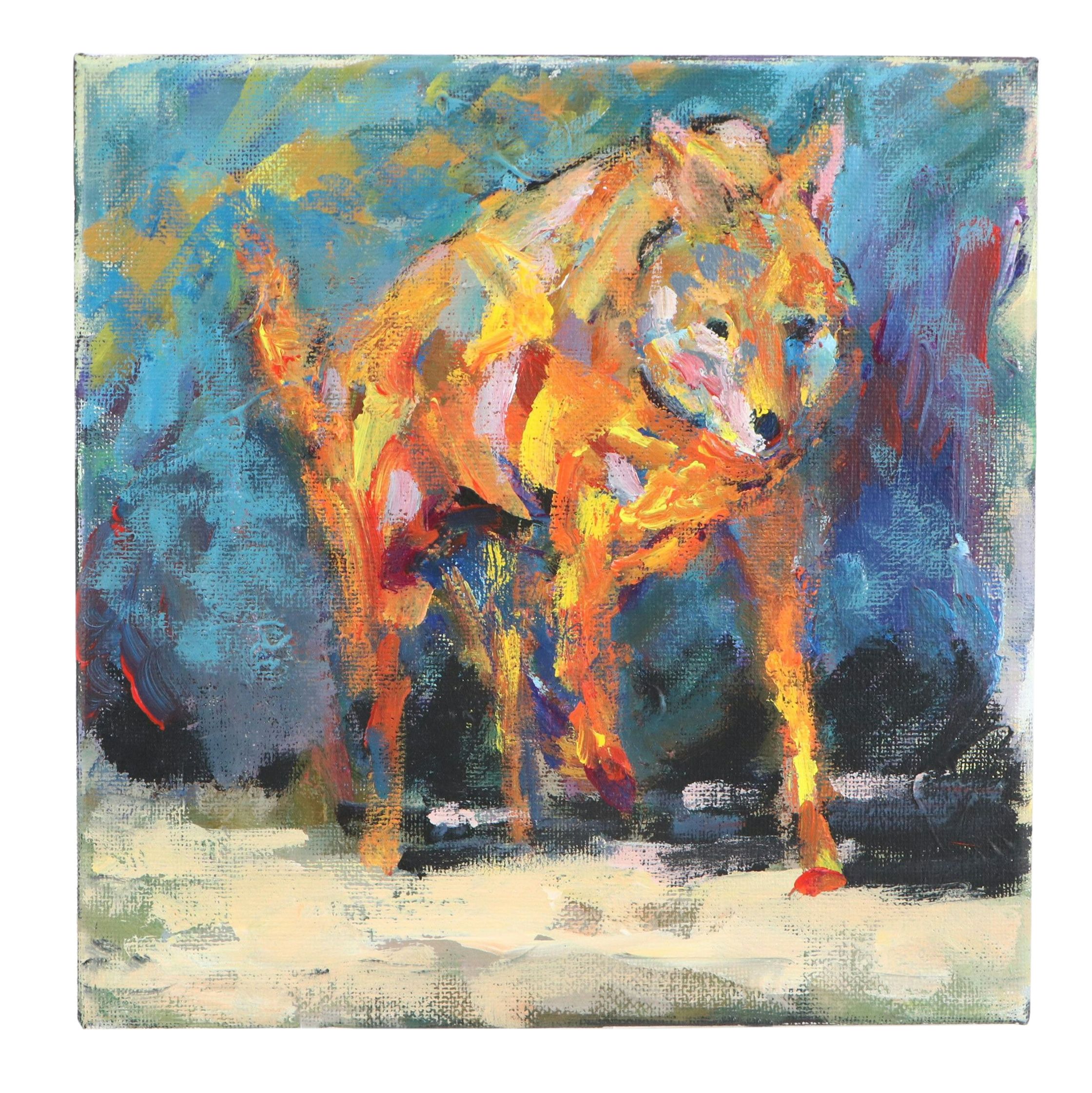 Elle Raines Stylized Acrylic Painting "'Sentinel Wolf," 21st Century