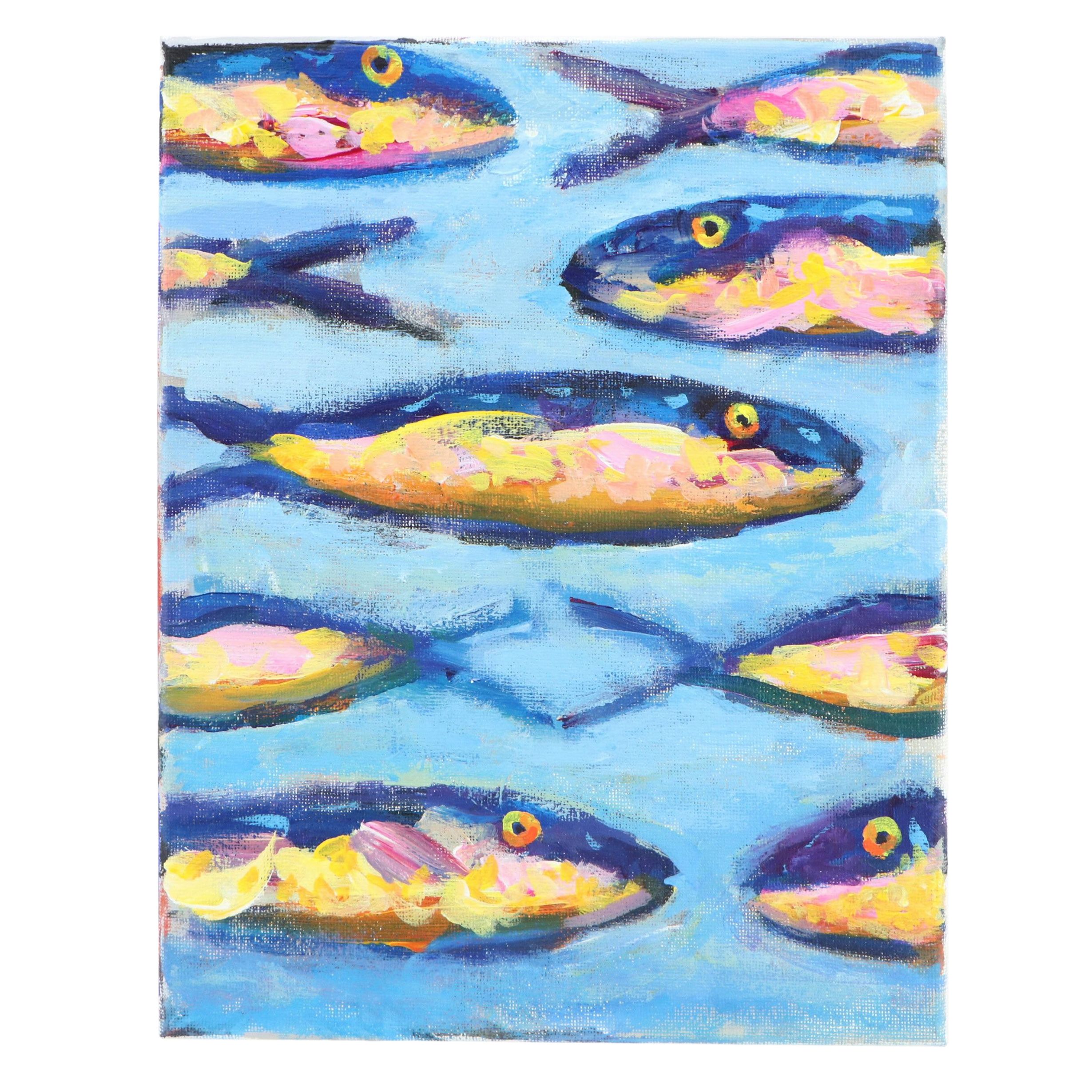 Elle Raines Stylized Acrylic Painting "Sardines," 21st Century