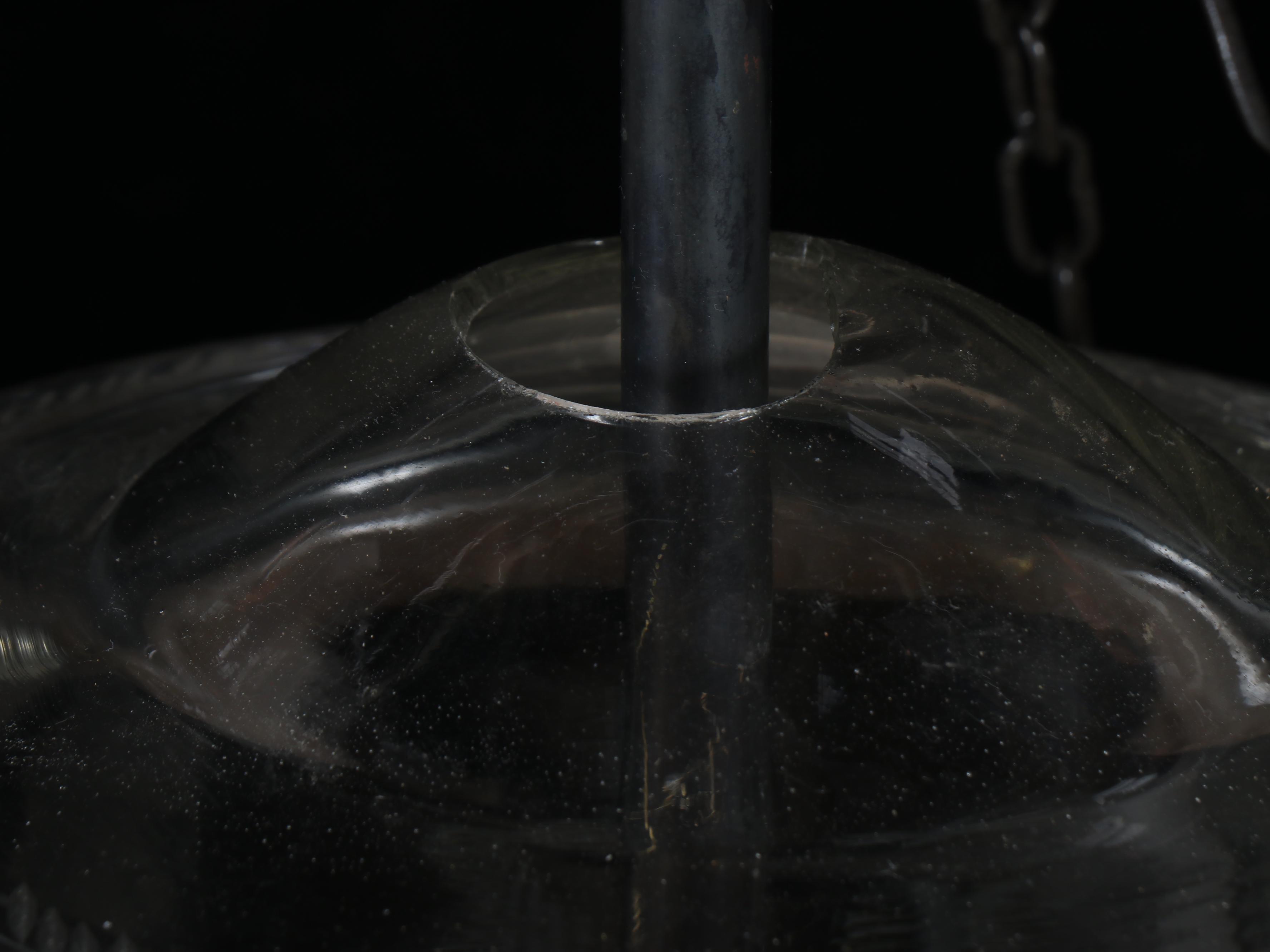 Four Blown Glass Bell Jar Etched Pendant Lights, 21st Century