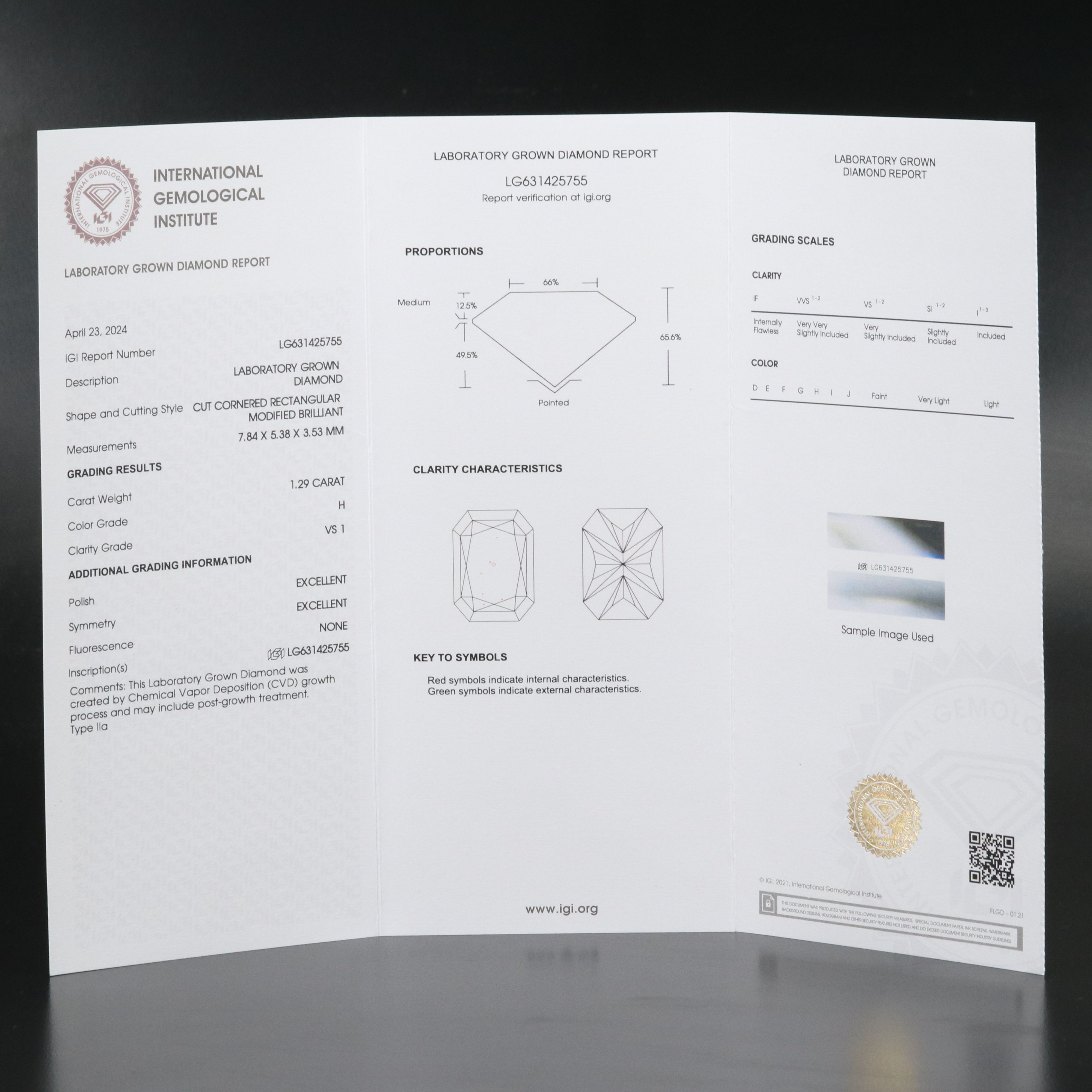 Loose 1.29 CT Lab Grown Diamond with IGI Report