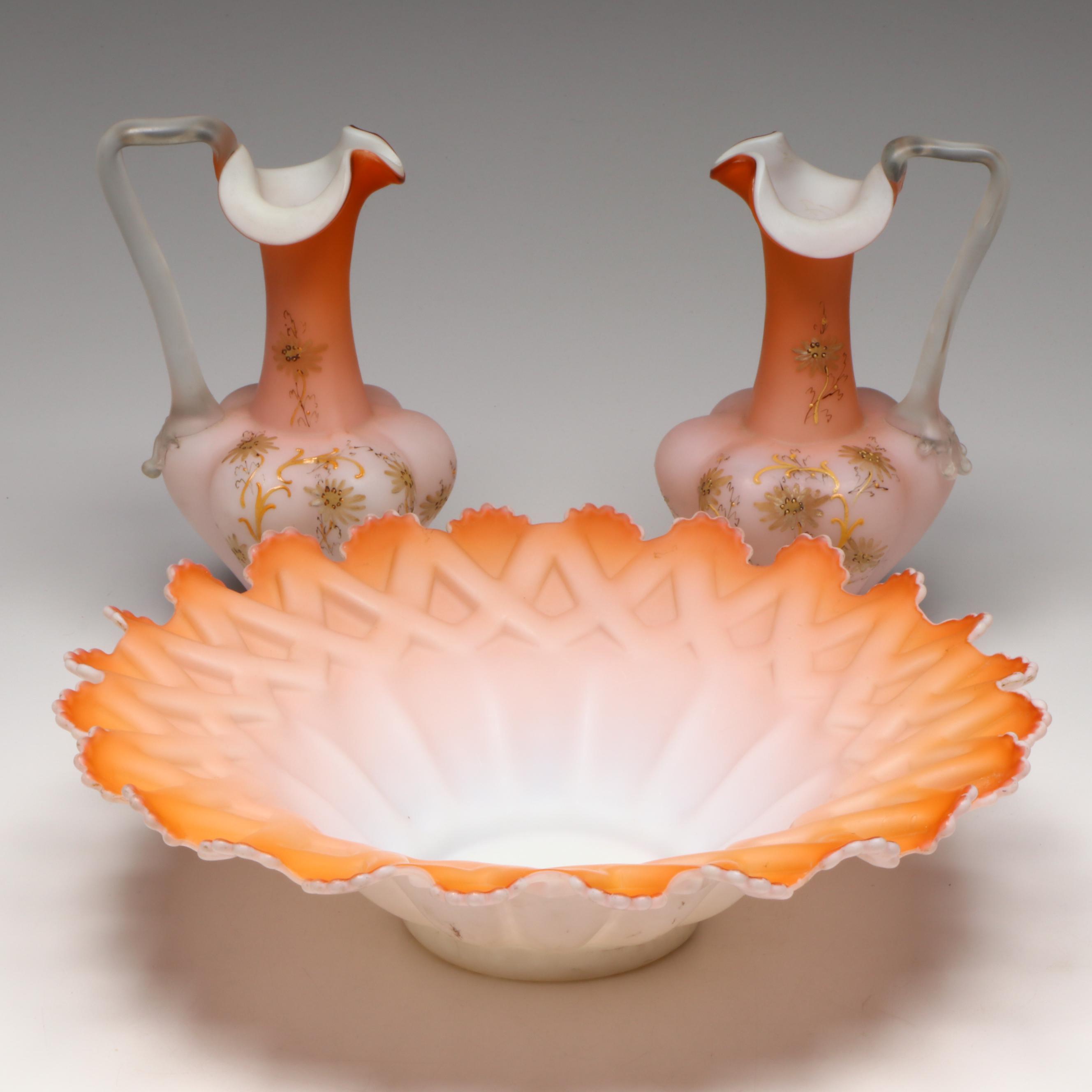 Pair of Floral Satin Glass Ewers with Ruffled Bridal Bowl, Early 20th Century