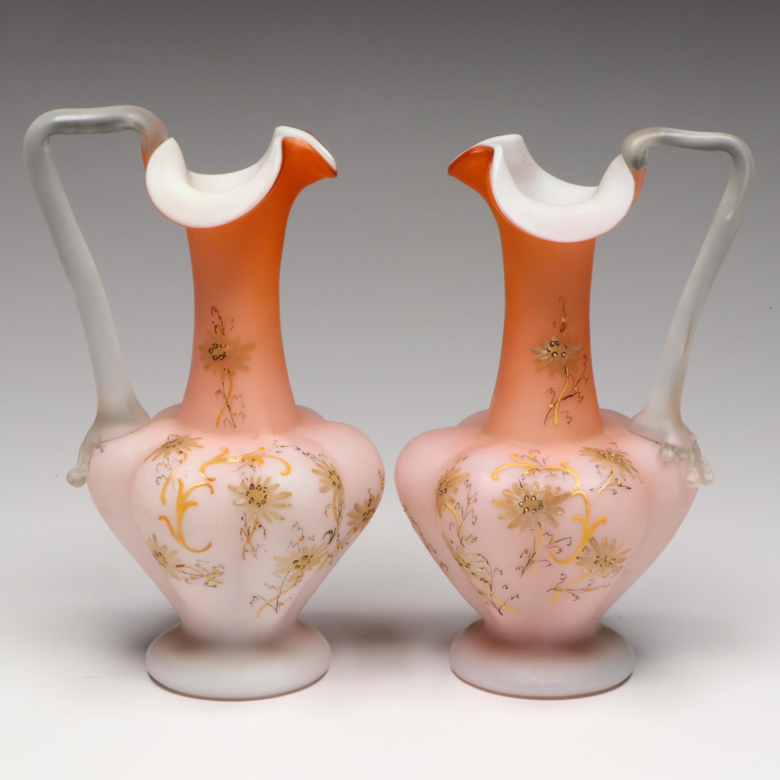 Pair of Floral Satin Glass Ewers with Ruffled Bridal Bowl, Early 20th Century
