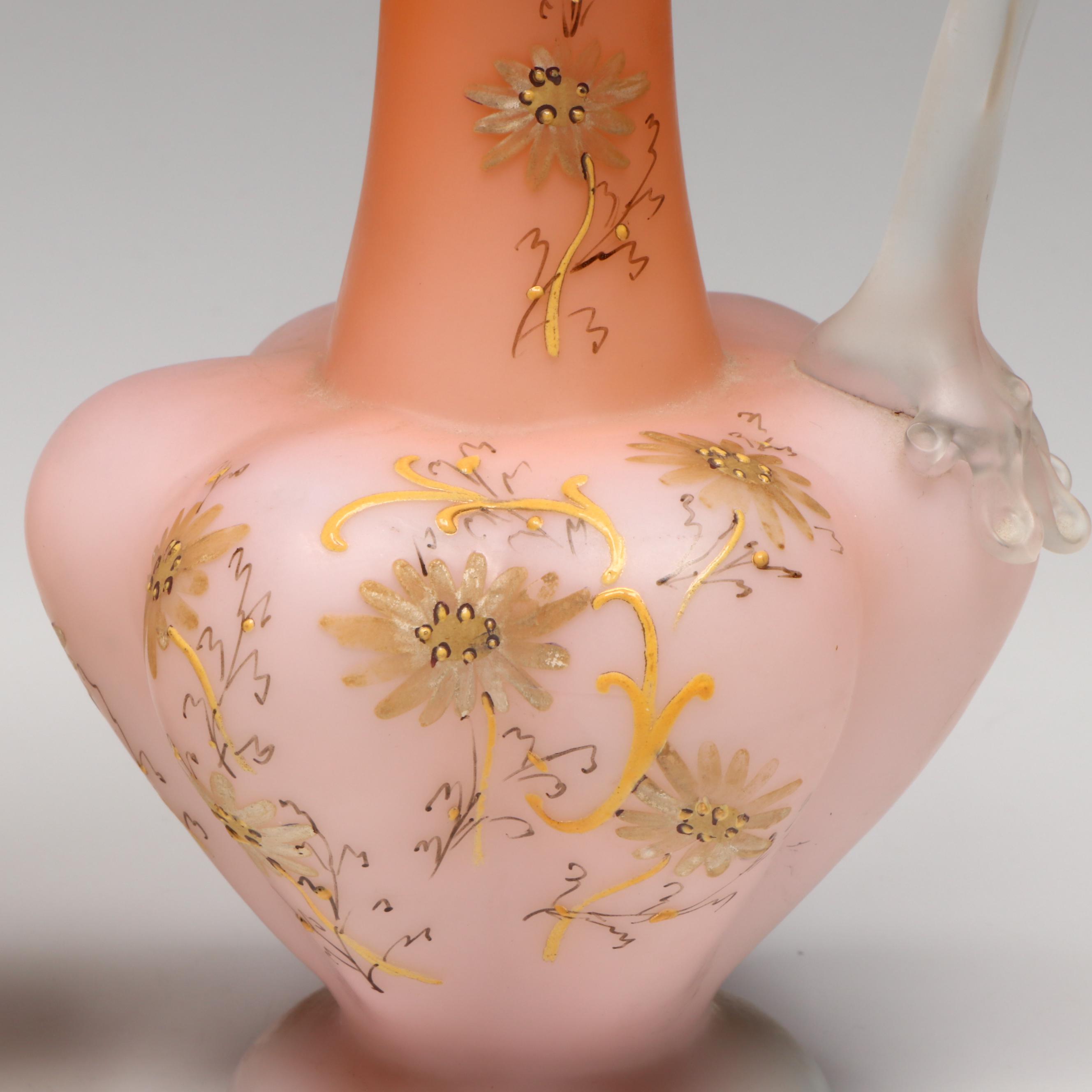 Pair of Floral Satin Glass Ewers with Ruffled Bridal Bowl, Early 20th Century
