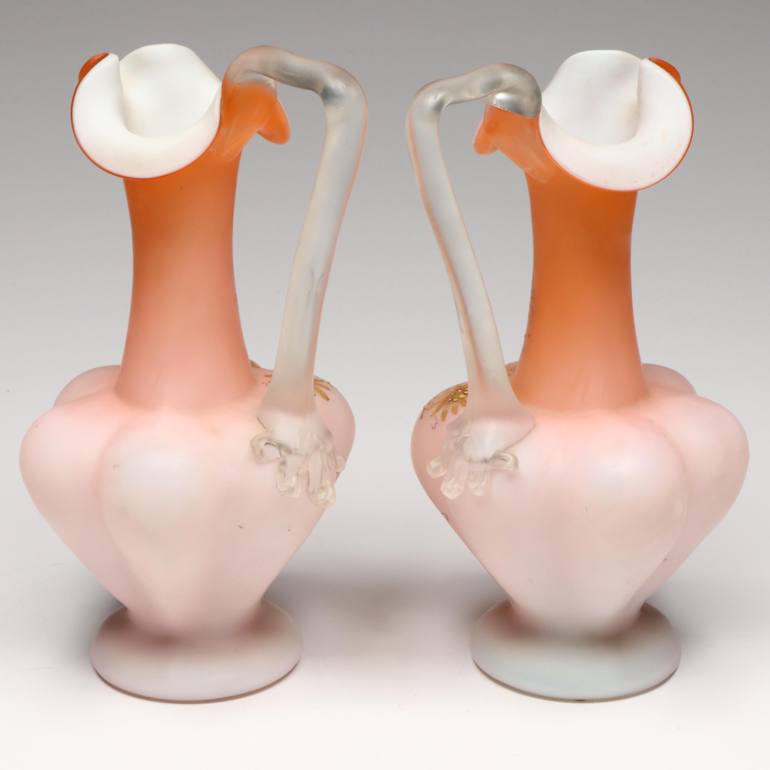 Pair of Floral Satin Glass Ewers with Ruffled Bridal Bowl, Early 20th Century