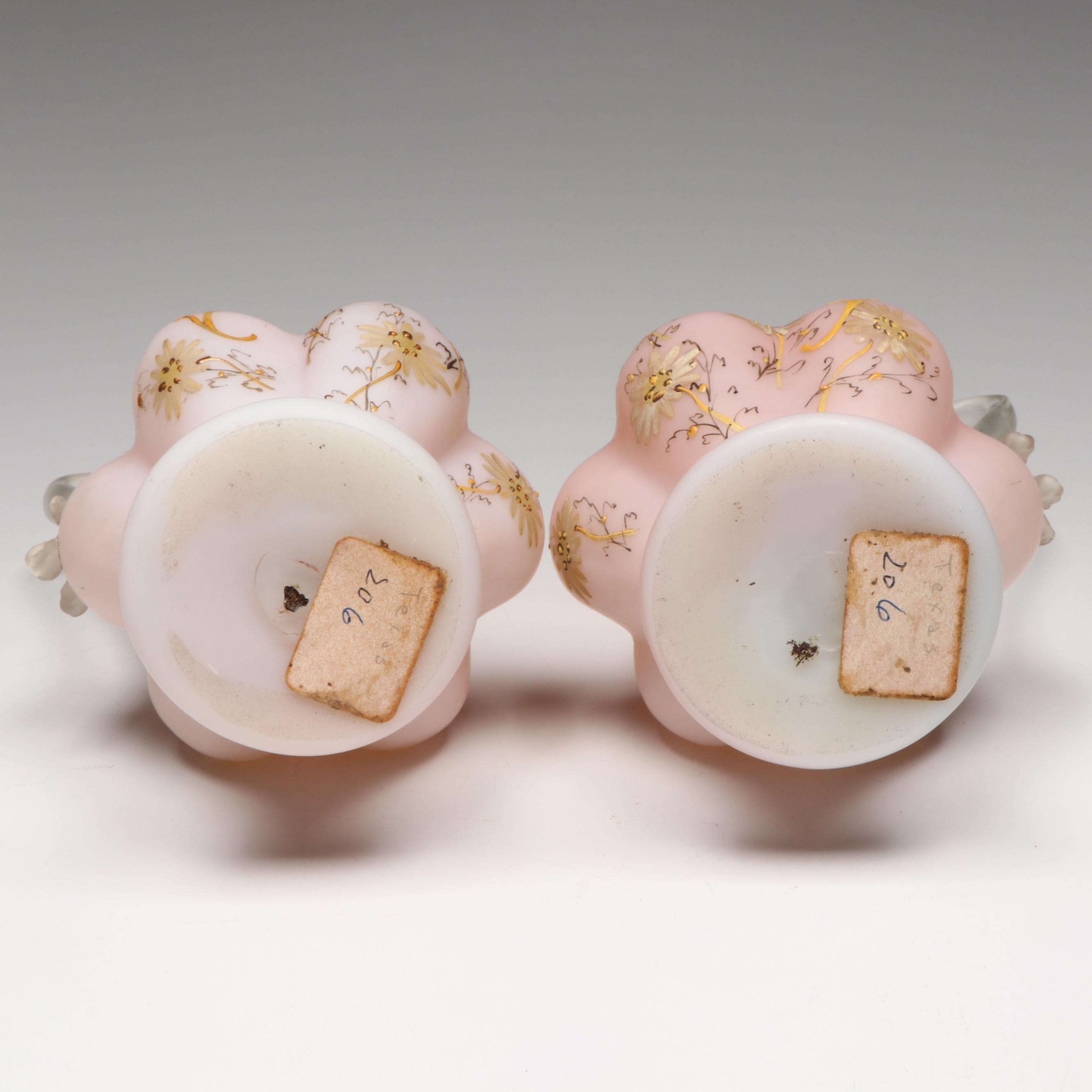 Pair of Floral Satin Glass Ewers with Ruffled Bridal Bowl, Early 20th Century