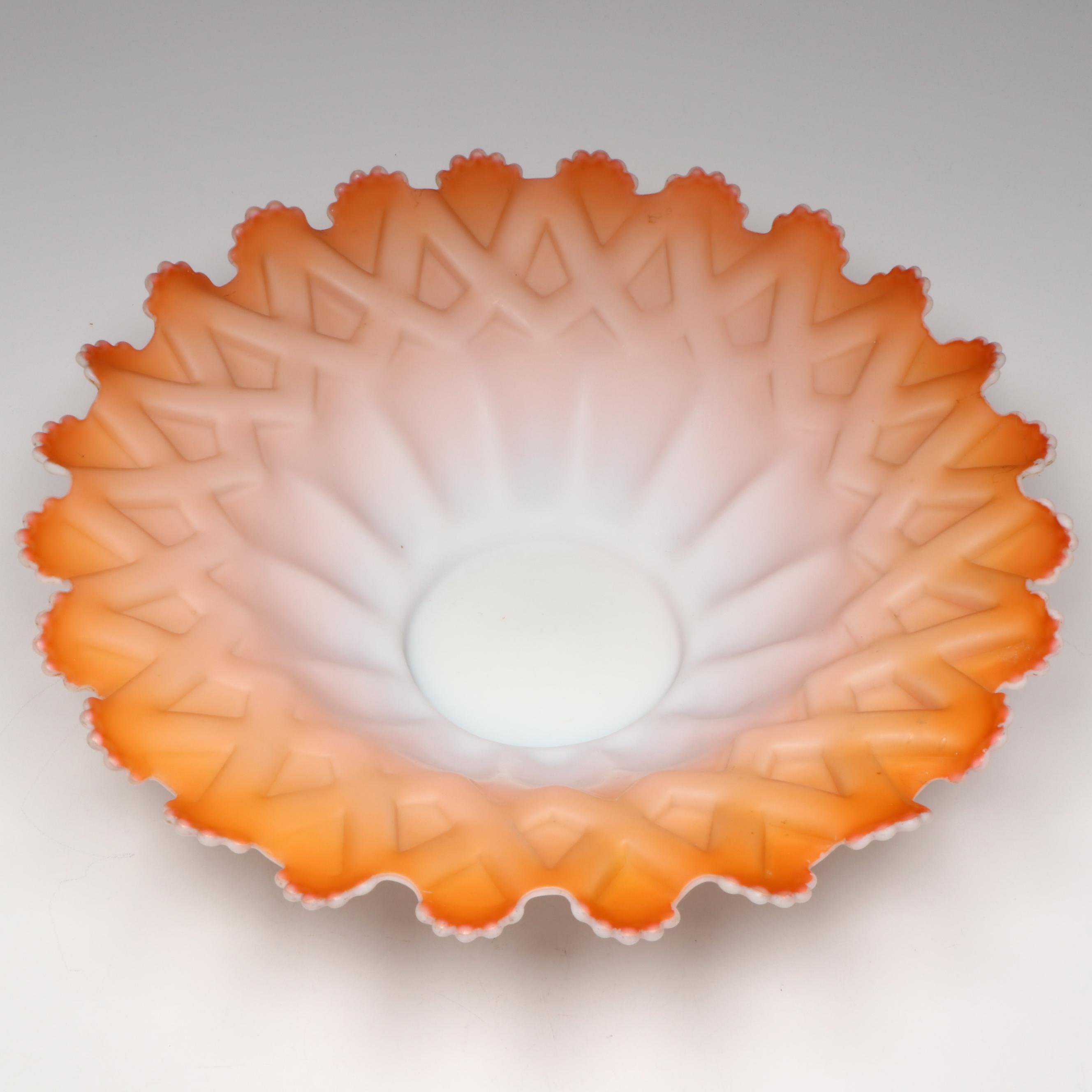 Pair of Floral Satin Glass Ewers with Ruffled Bridal Bowl, Early 20th Century